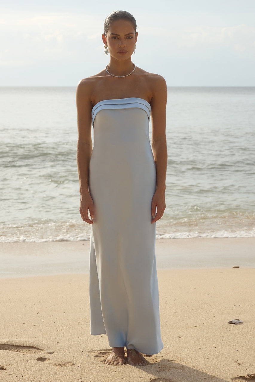 Runaway The Label DELILAH strapless maxi dress with folded neckline by the beach, ideal for weddings, Brisbane to Gold Coast.