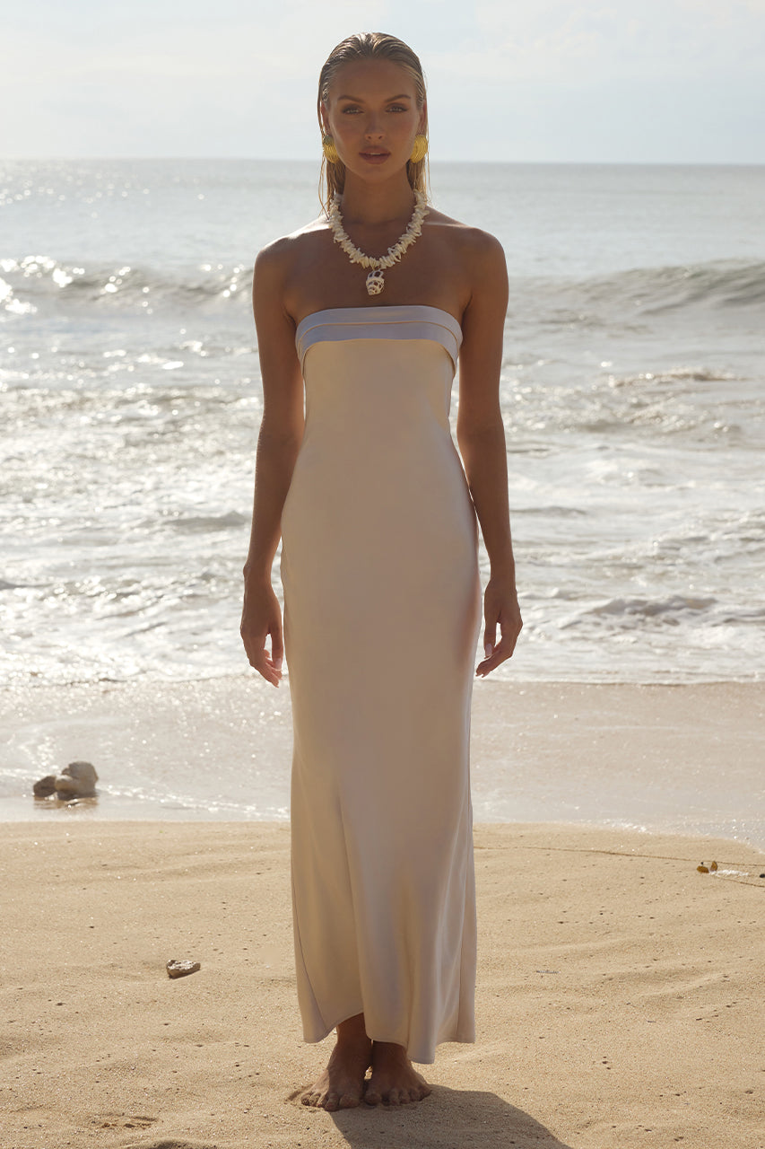 Runaway The Label DELILAH Maxi Dress, strapless folded neckline, semi formal bridesmaids dress, beach setting, Brisbane to Gold Coast.