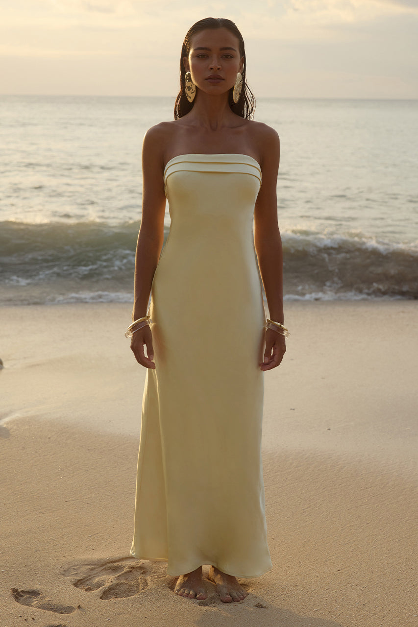 RUNAWAY THE LABEL DELILAH Maxi Dress with strapless folded neckline, semi formal bridesmaid style. Brisbane to Gold Coast, Australia.