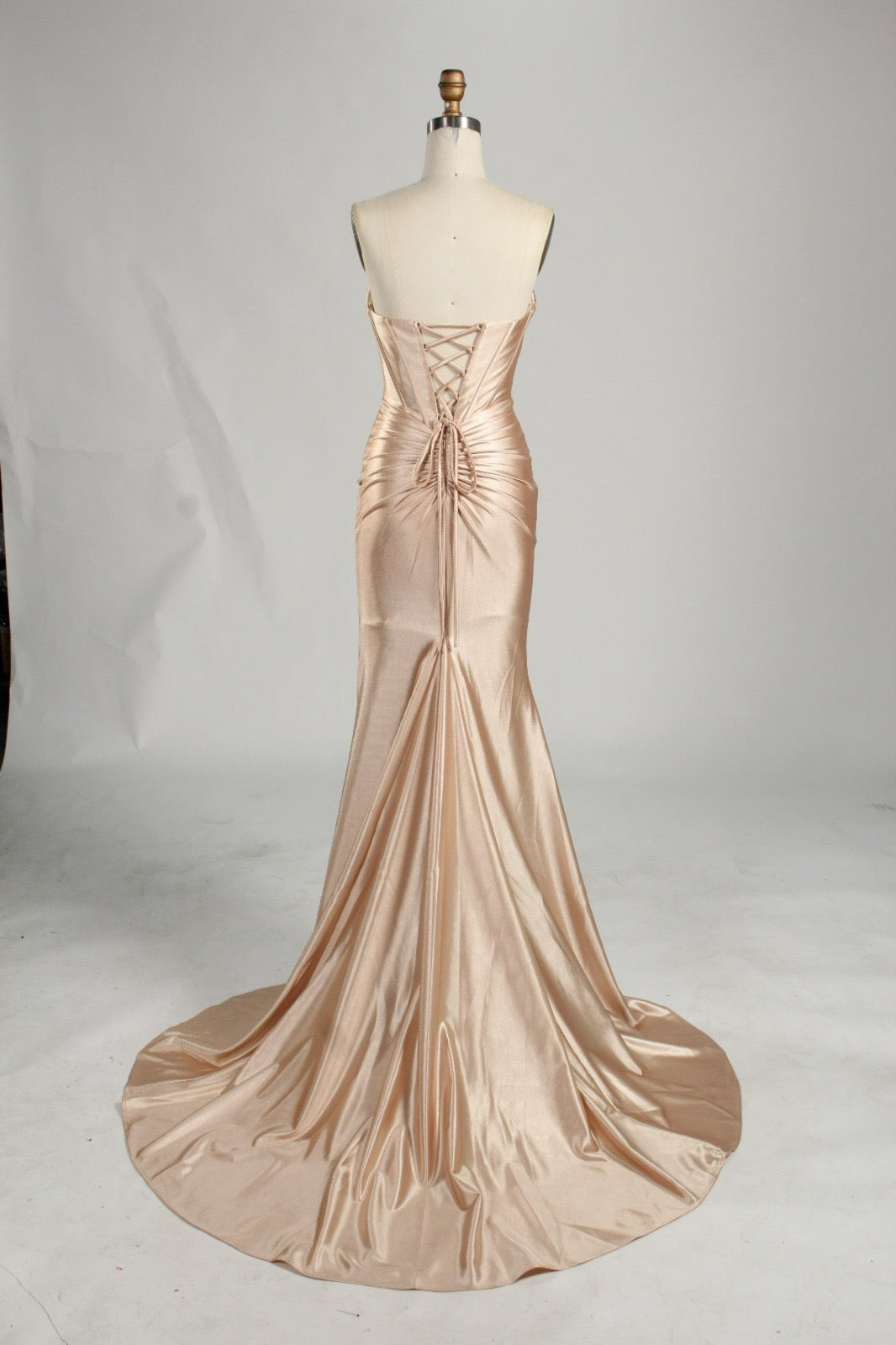 Honey Couture NOLANI Satin Boned Bustier Mermaid Formal Dress back view, designer prom dress with mermaid train from Australian Formal Store.