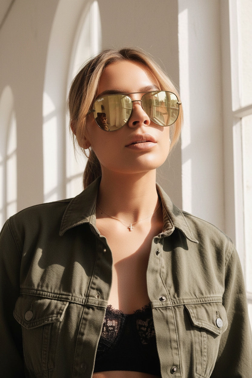 A close-up lifestyle shot of a woman wearing large aviator sunglasses with gold-toned metal frames and reflective gold lenses, paired with an olive green shirt.