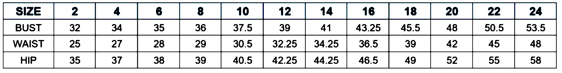 Size chart for dresses showing measurements in bust, waist, and hip for sizes 2 to 24, featuring detailed inch measurements.