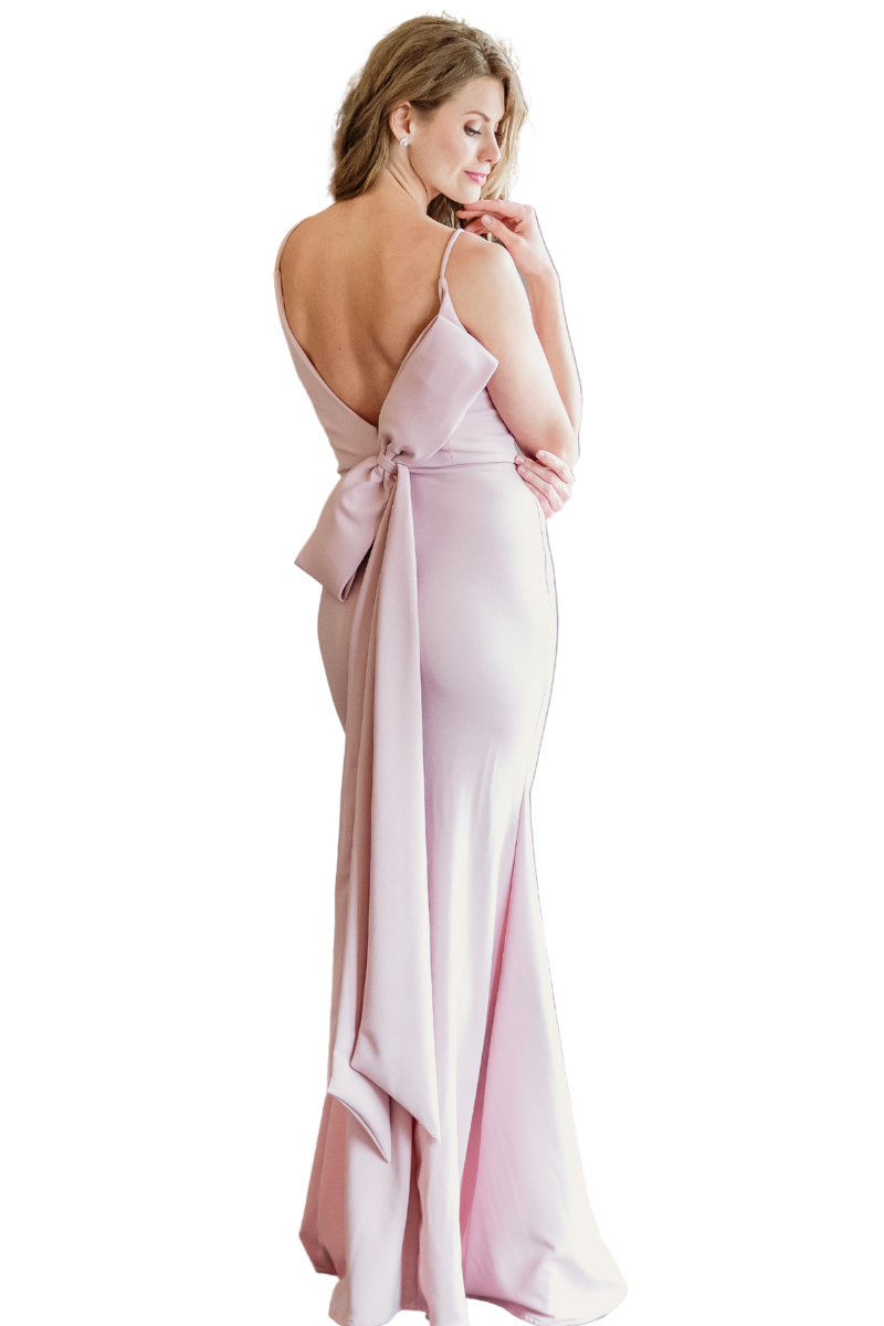 DAVINA Mermaid Bridesmaid Dress features a low back and bow detail, with spaghetti straps. Perfect for Brisbane to Gold Coast.