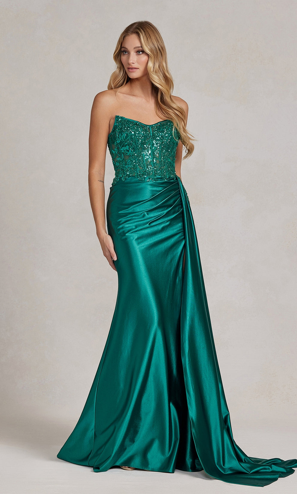 KIANA Emerald Green Strapless Sequin Bustier Corset Silky Mermaid Prom Formal Dress