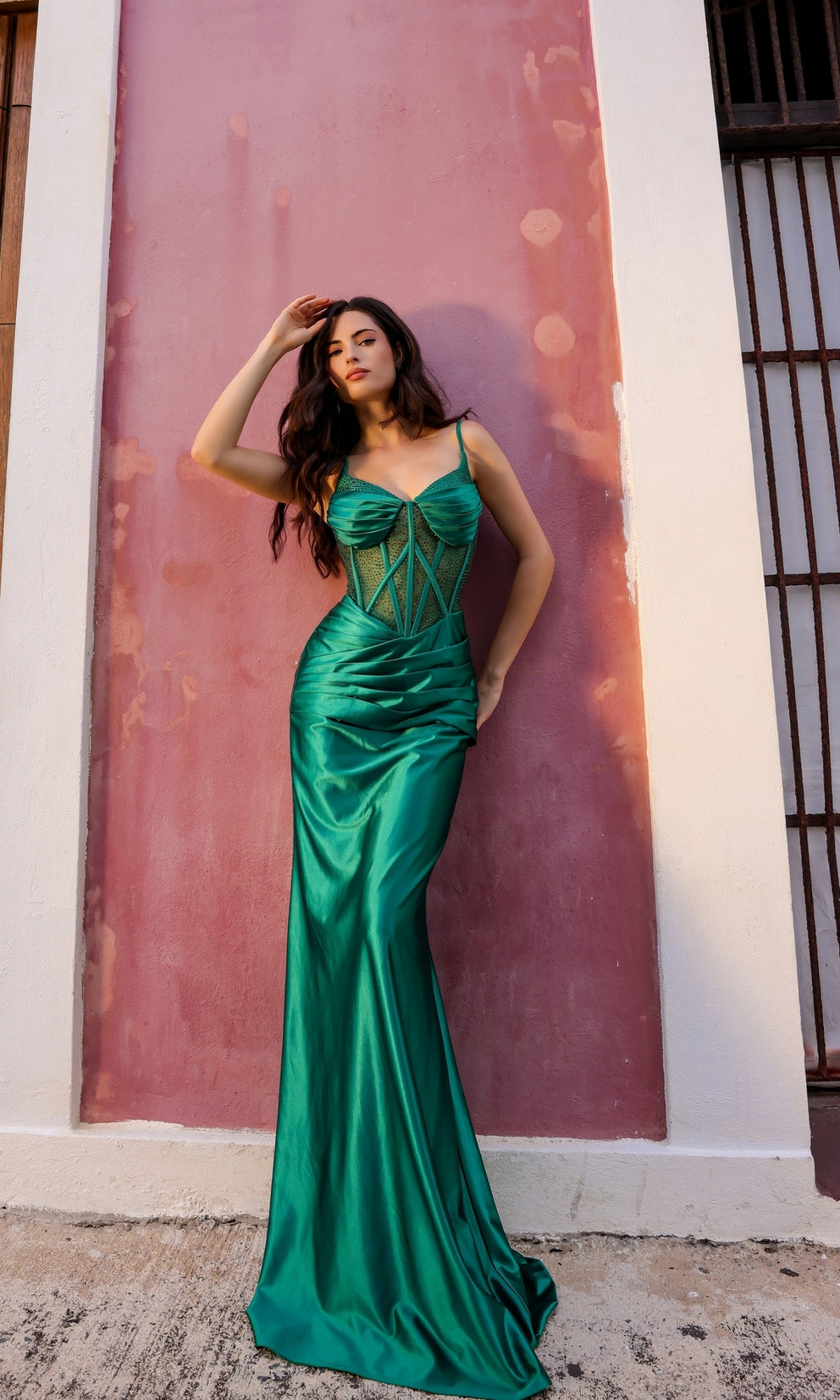 ISABEAU Crystal green satin corset back mermaid gown for prom, featuring bead embellishments. Brisbane to Gold Coast.