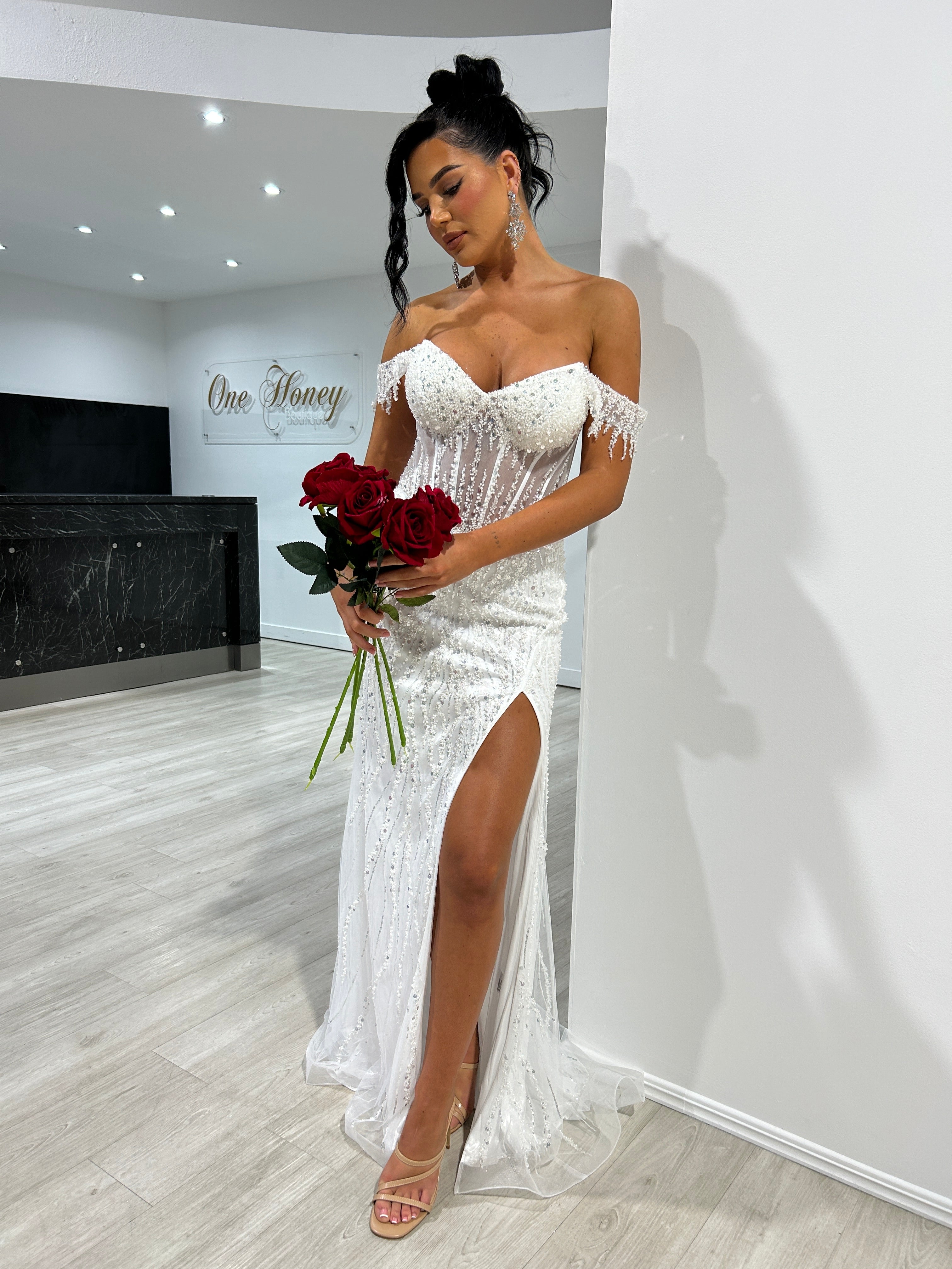 SOVIA Off Shoulder Beaded Corset Mermaid Prom Dress with sequin detail and thigh-high slit, perfect for prom or formal events, Brisbane to Gold Coast.