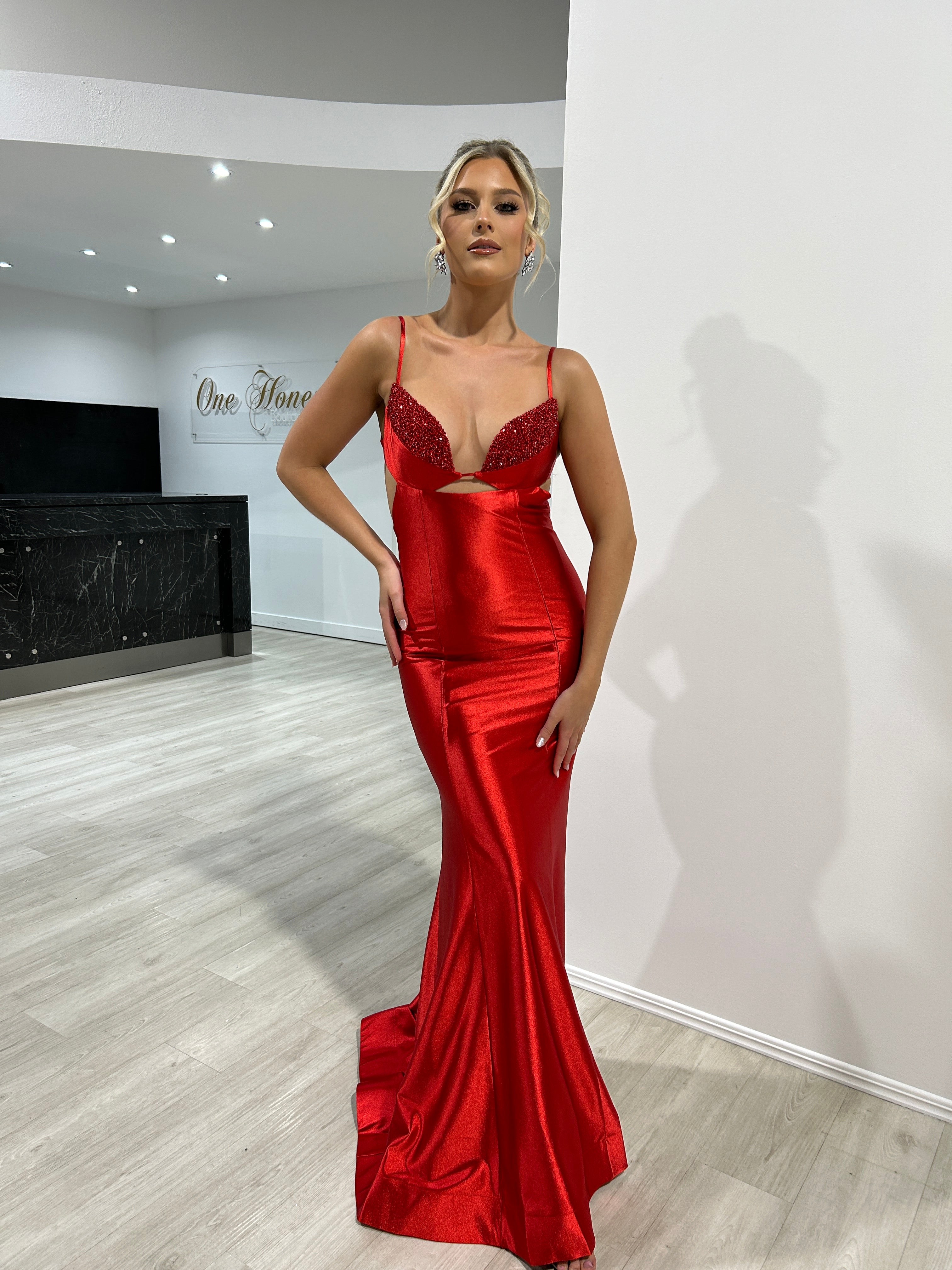 Honey Couture MONA Red Satin Diamanté Detail Mermaid Formal Dress