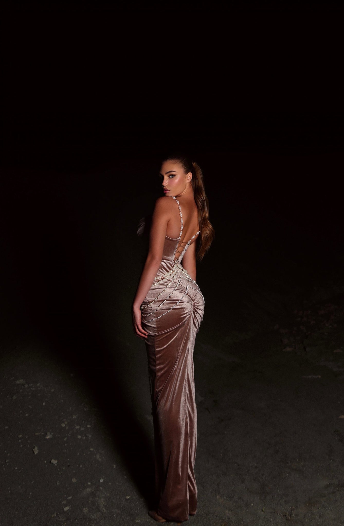 MINNA Fashion BROWNIE beige velvet mermaid dress with pearl detail in leg split, formal gown. Brisbane to Gold Coast.