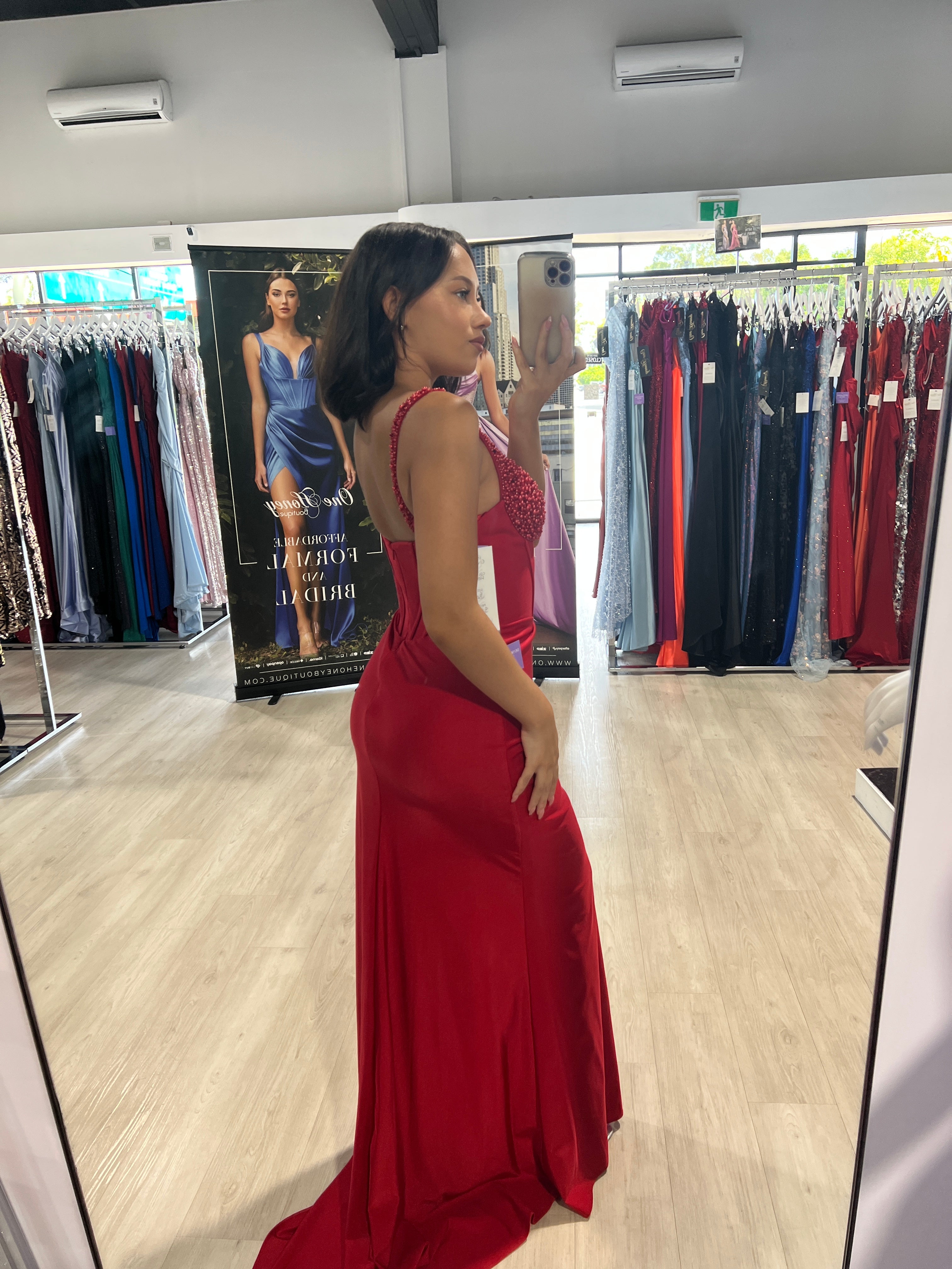 ELVIE Beaded Bustier Prom Dress with Deep V and Boned Waist. Elegant fitted gown in vibrant red, Brisbane to Gold Coast, Australia.