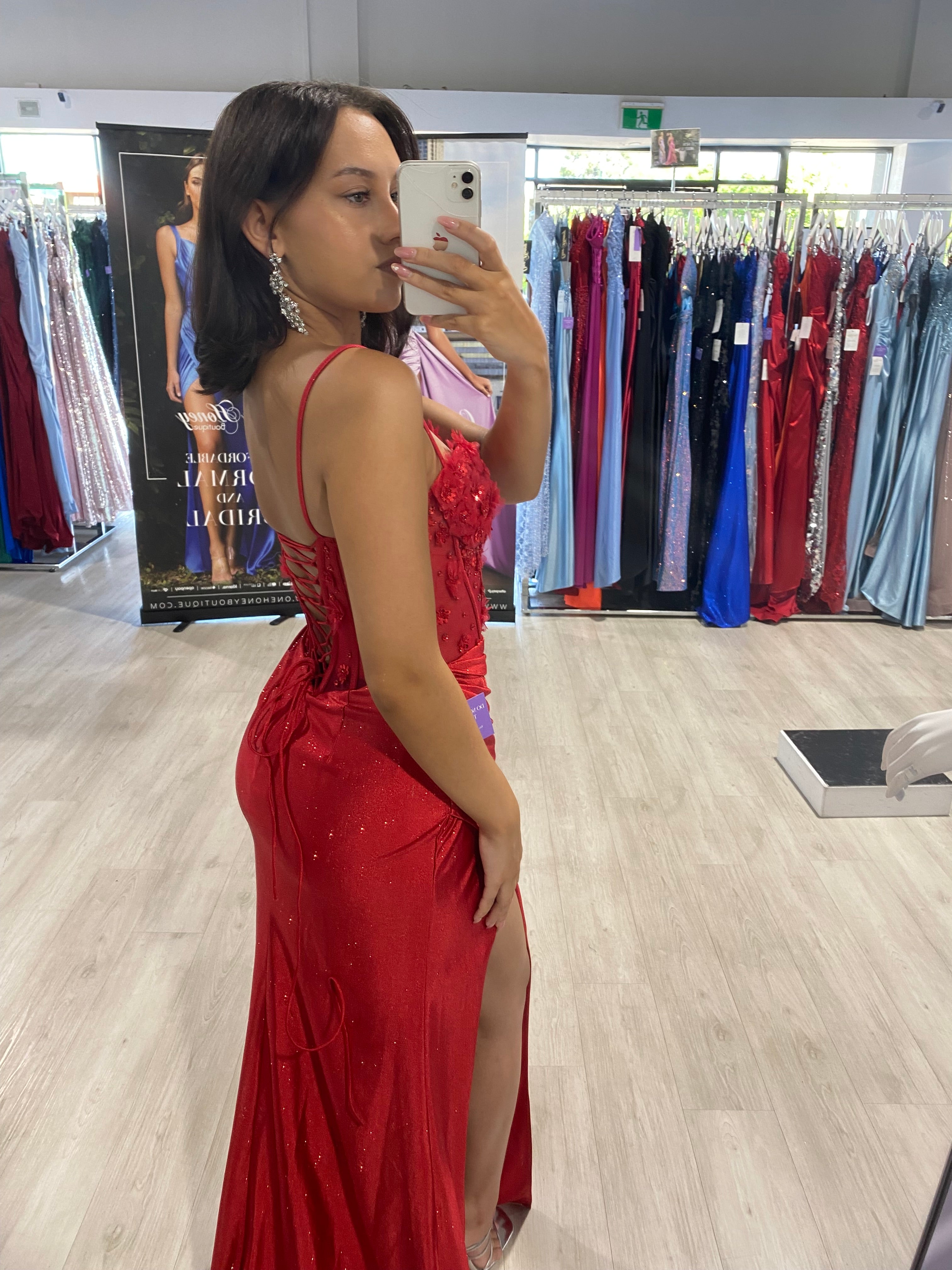 GENEVIEVE Red Flower Applique Corset Waist Formal Dress