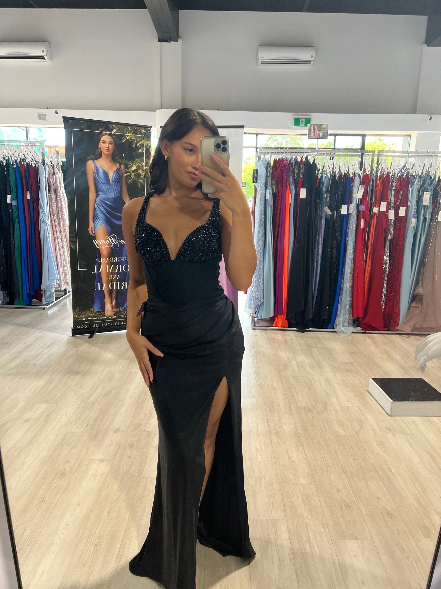 ELVIE Deep V Beaded Bustier Boned Waist Prom & Formal Dress in Australia | One Honey Boutique