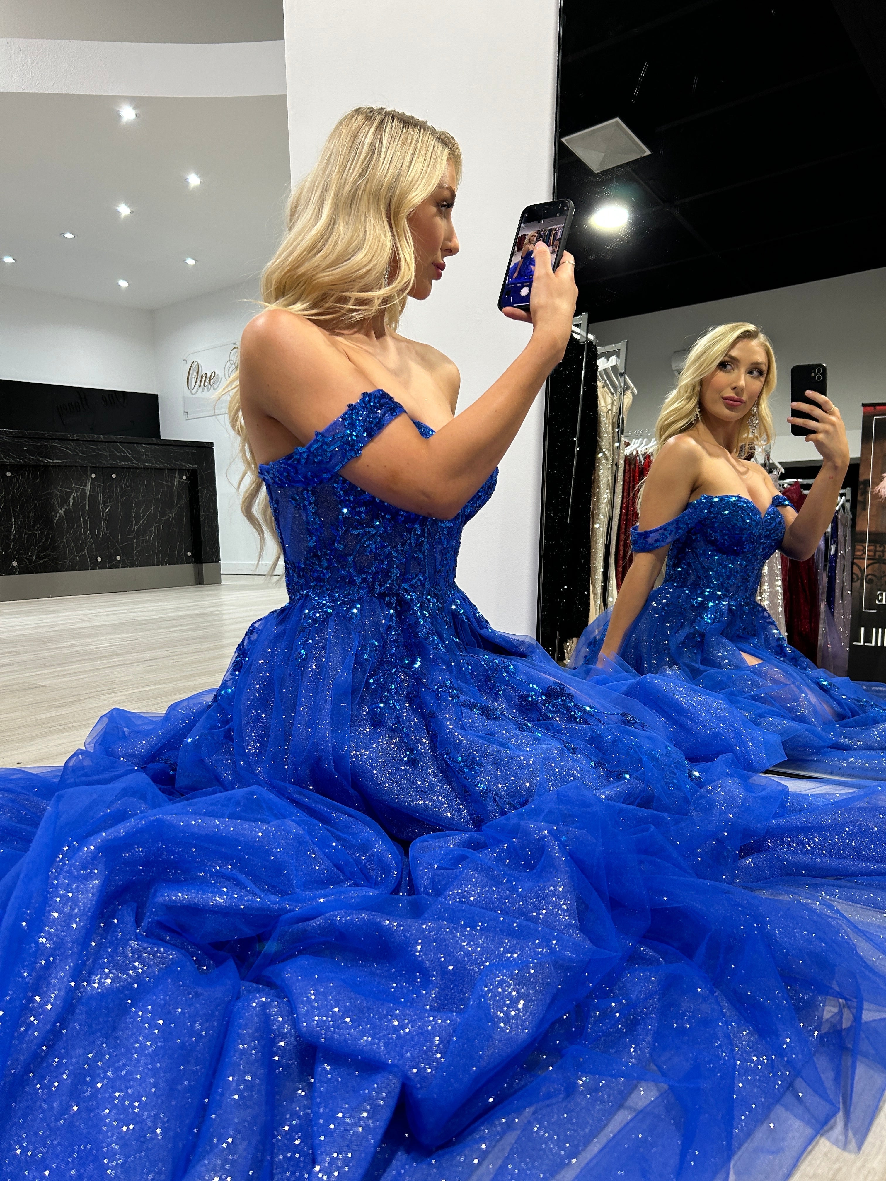 ENOLA Off the Shoulder Tulle Ballgown with Lace Bodice, shimmering blue dress, evening gown. Brisbane to Gold Coast, Australia.