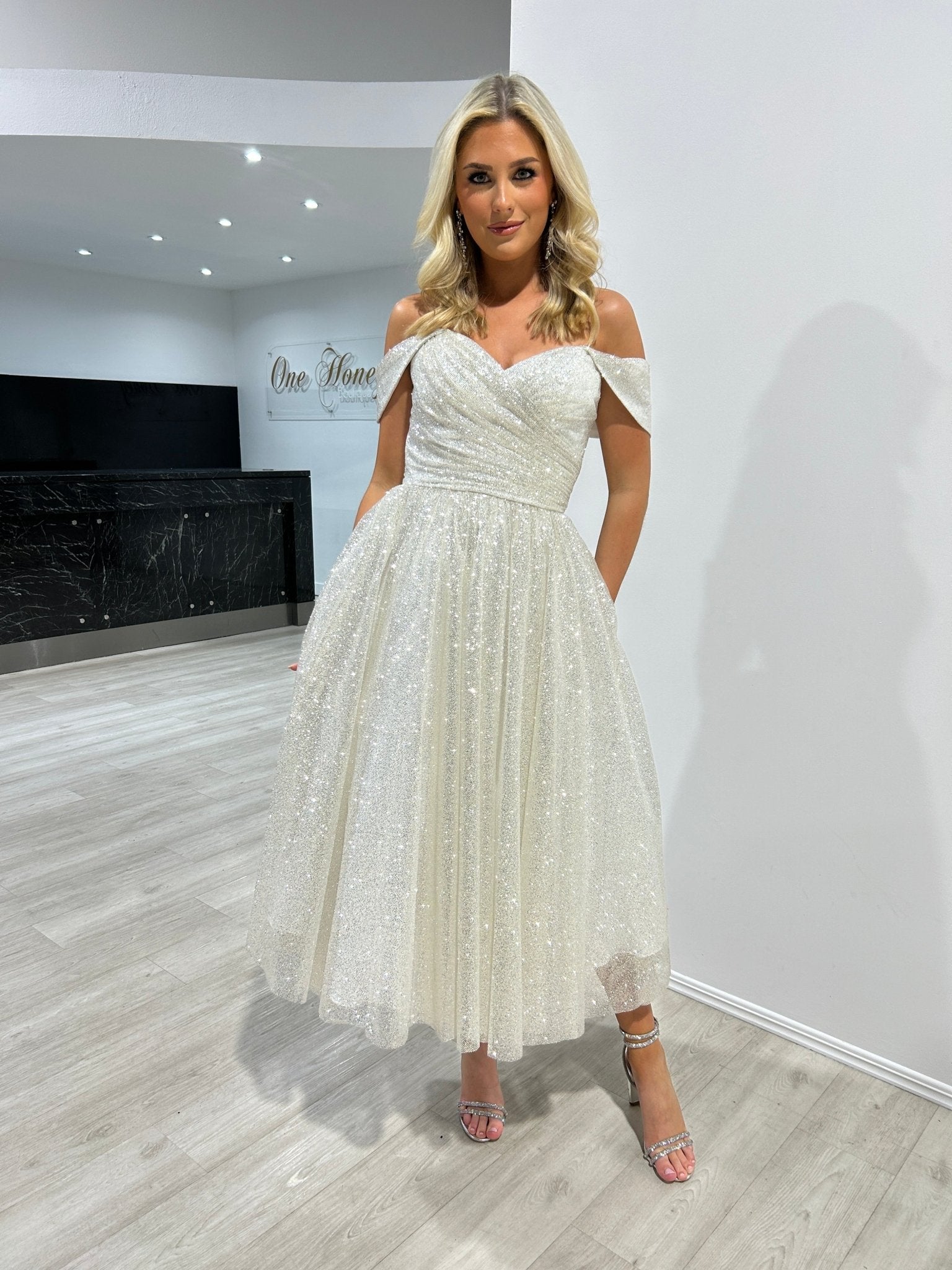 Honey Couture ALINA Off White Glitter Tea Length Off The Shoulder Ball Gown Formal Dress in Australia | One Honey Boutique