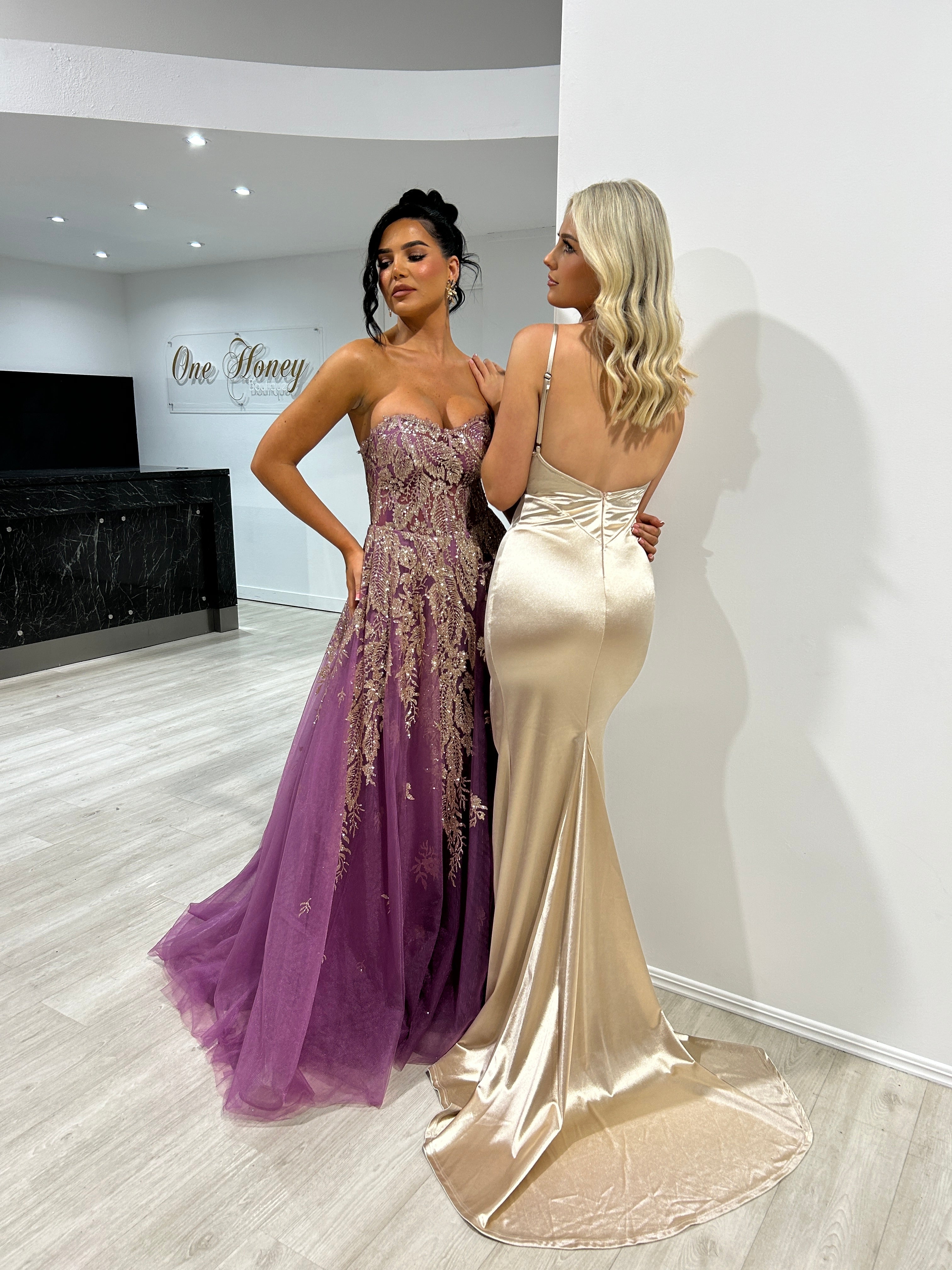Women in glamorous formal gowns, one in a purple embroidered dress and the other in a satin champagne dress. Brisbane to Gold Coast.