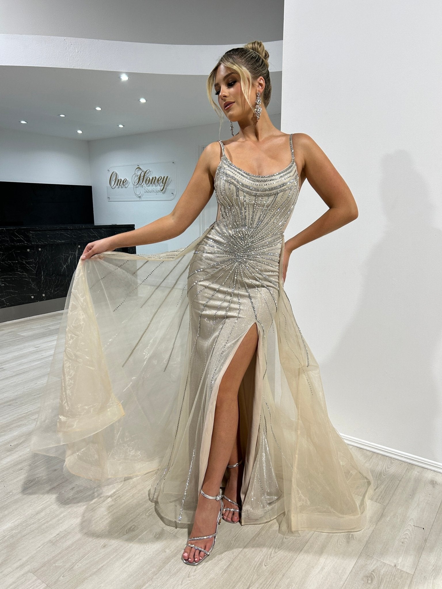 BELLA AMORE Platinum Silver Beaded Overskirt Formal Dress in Australia | One Honey Boutique