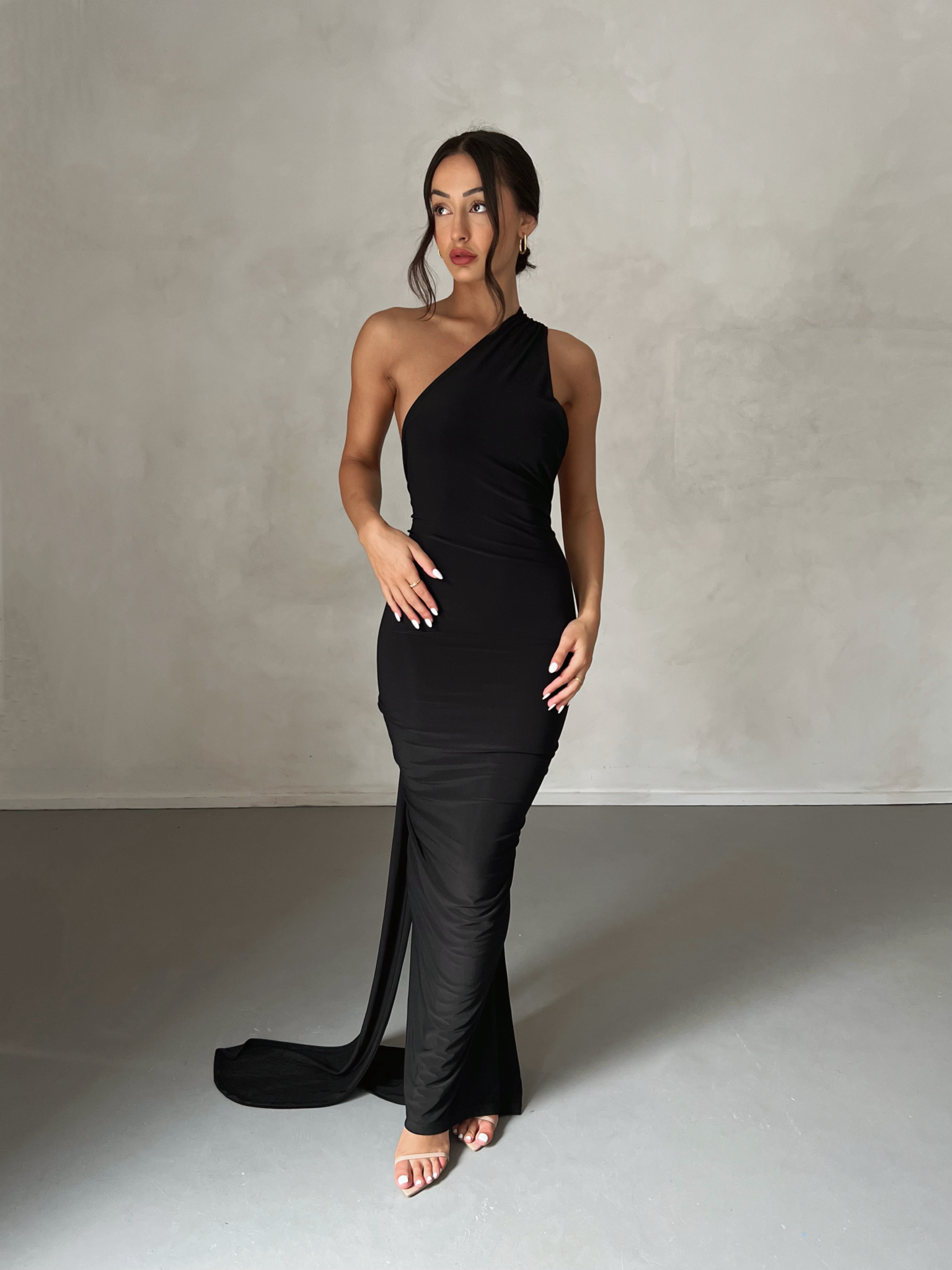 MÉLANI The Label CONSTANTINA Black Asymmetric Halterneck Midi Dress