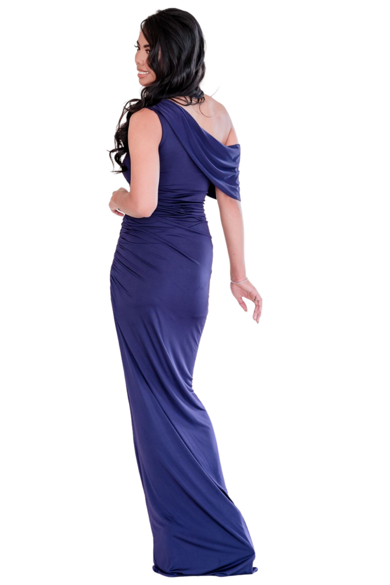 EVA Silk Jersey Asymmetric Mermaid Bridesmaid Dress featuring a cascading side detail and side slit. Elegant off-shoulder style. Brisbane to Gold Coast.
