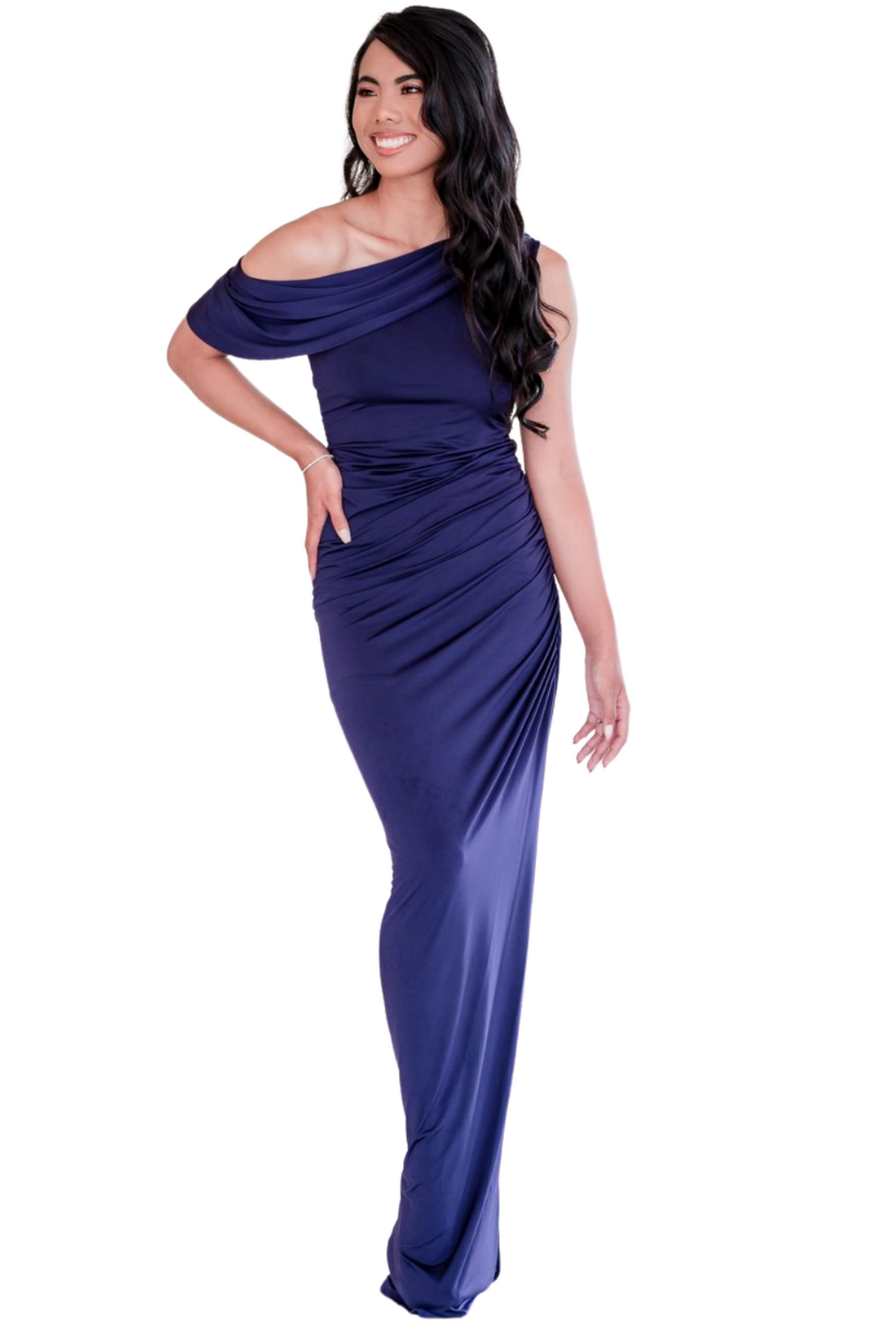 EVA Silk Jersey Mermaid Dress with cascading sheer detail and side slit, bridesmaid dress, Brisbane to Gold Coast.