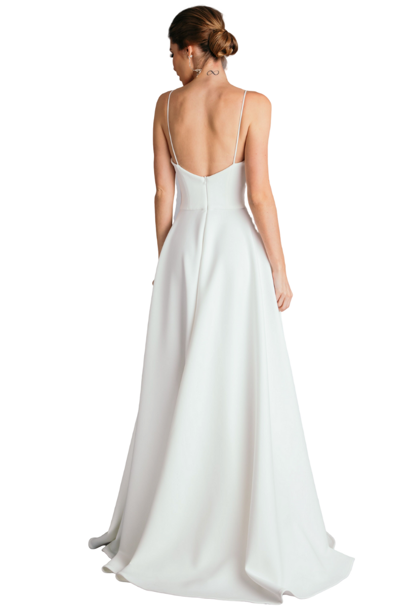 EVITA Silk Jersey A-Line Bridesmaid Dress with deep V back and spaghetti straps. Ideal for formal occasions. Brisbane to Gold Coast.