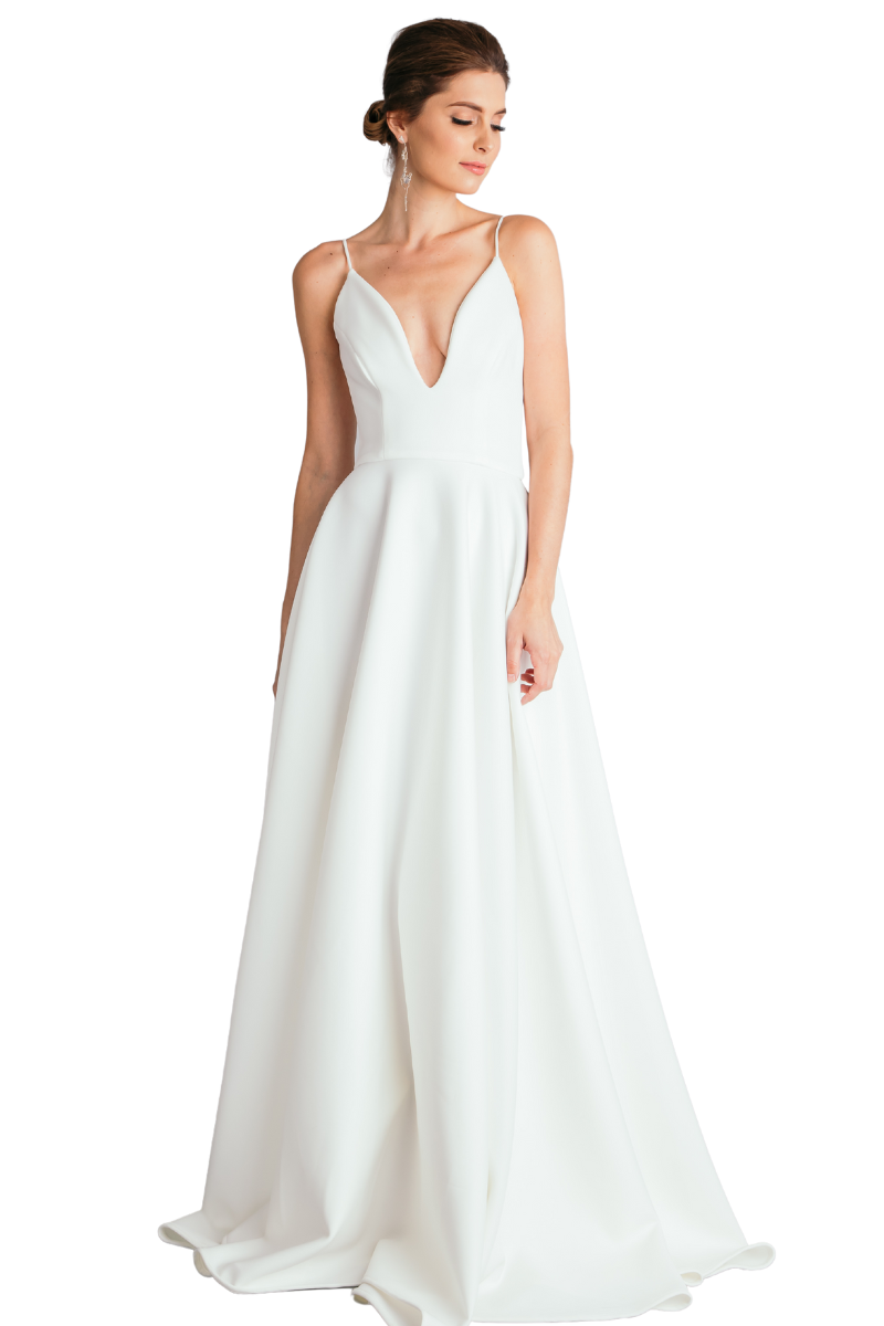 Pia Gladys Perey EVITA dress with V neckline, spaghetti straps, A-line silhouette. Bridesmaid dress from Brisbane to Gold Coast.