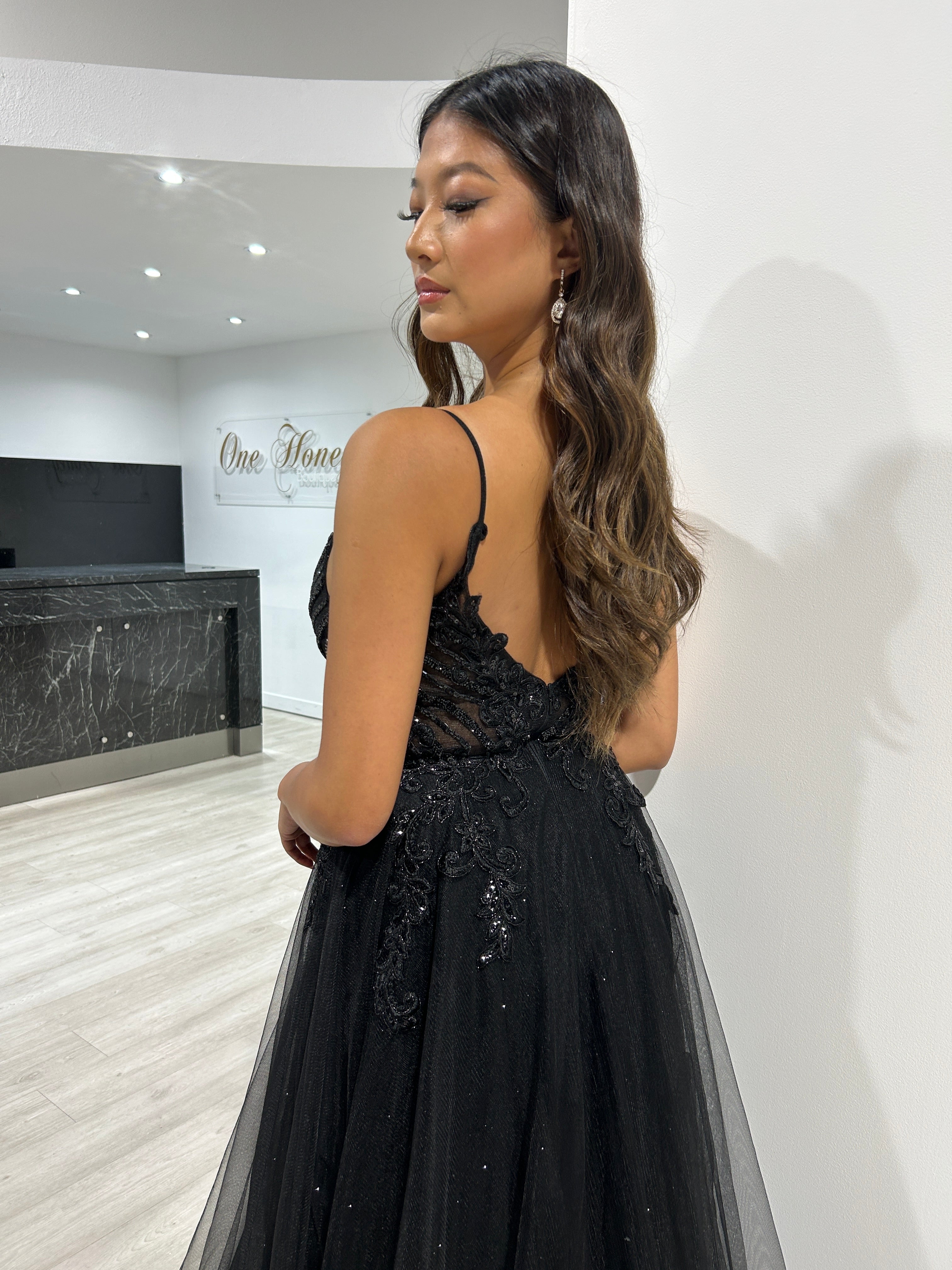 ADELA Tulle Diamante Formal Dress with open V back, lace bodice, A-line design. Perfect for formal events. Brisbane to Gold Coast, Australia.