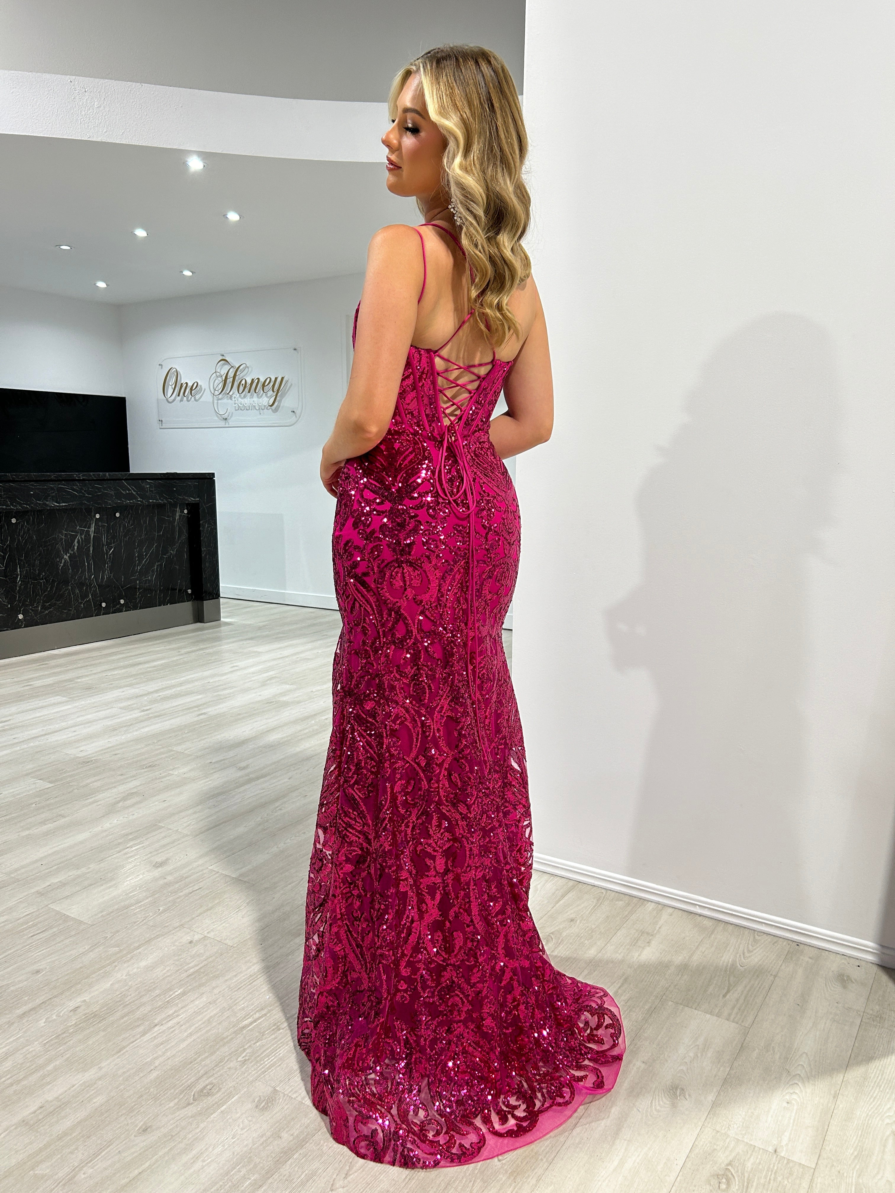 MILLIE Sequin Corset Mermaid Gown with scroll floral motif, boned bodice, lace-up back, evening gown. Brisbane to Gold Coast.