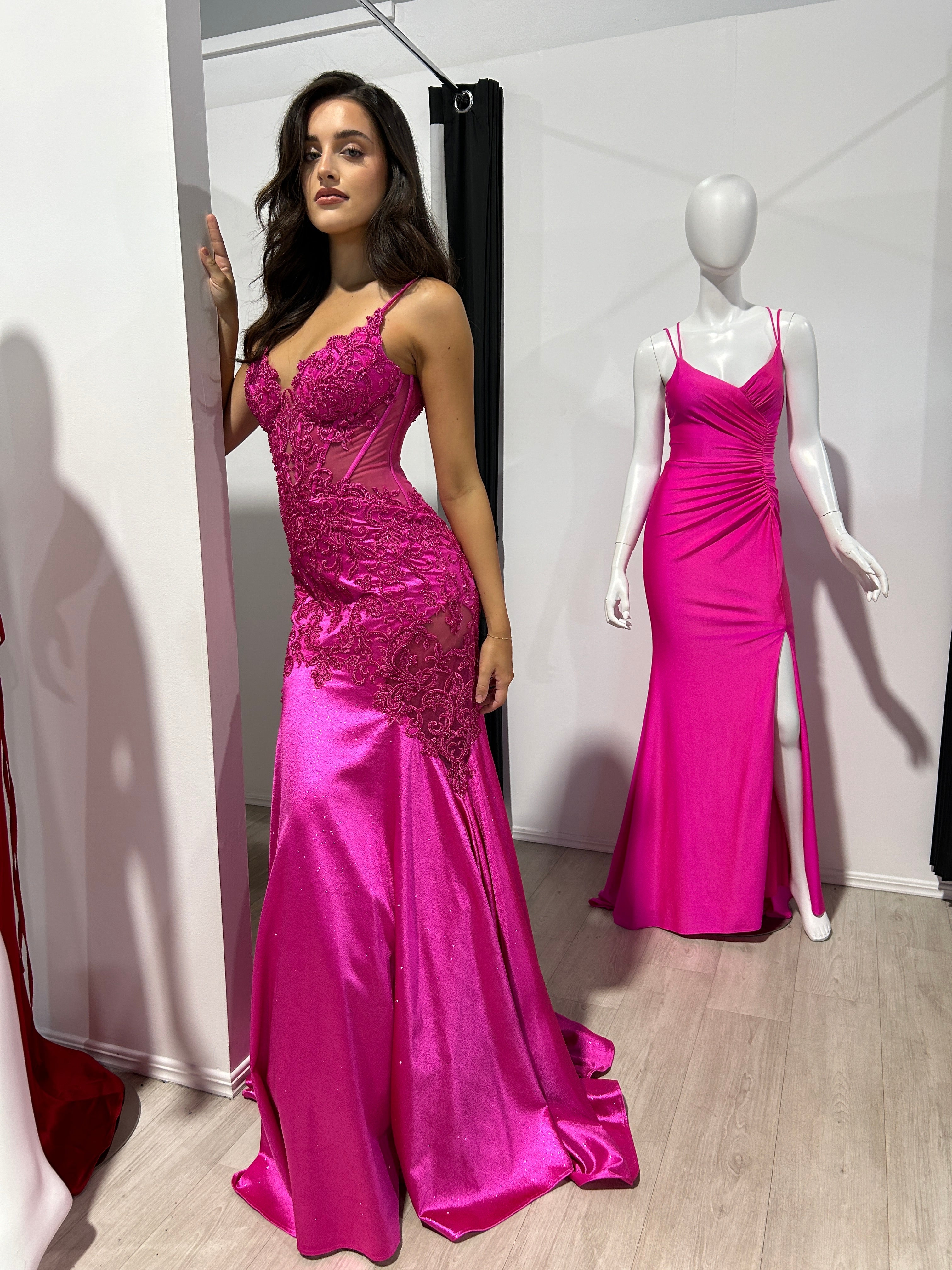 JEAN Fishtail Trumpet Formal Dress with lace appliqué and glitter details showcased on model, elegant evening gown, Brisbane to Gold Coast.