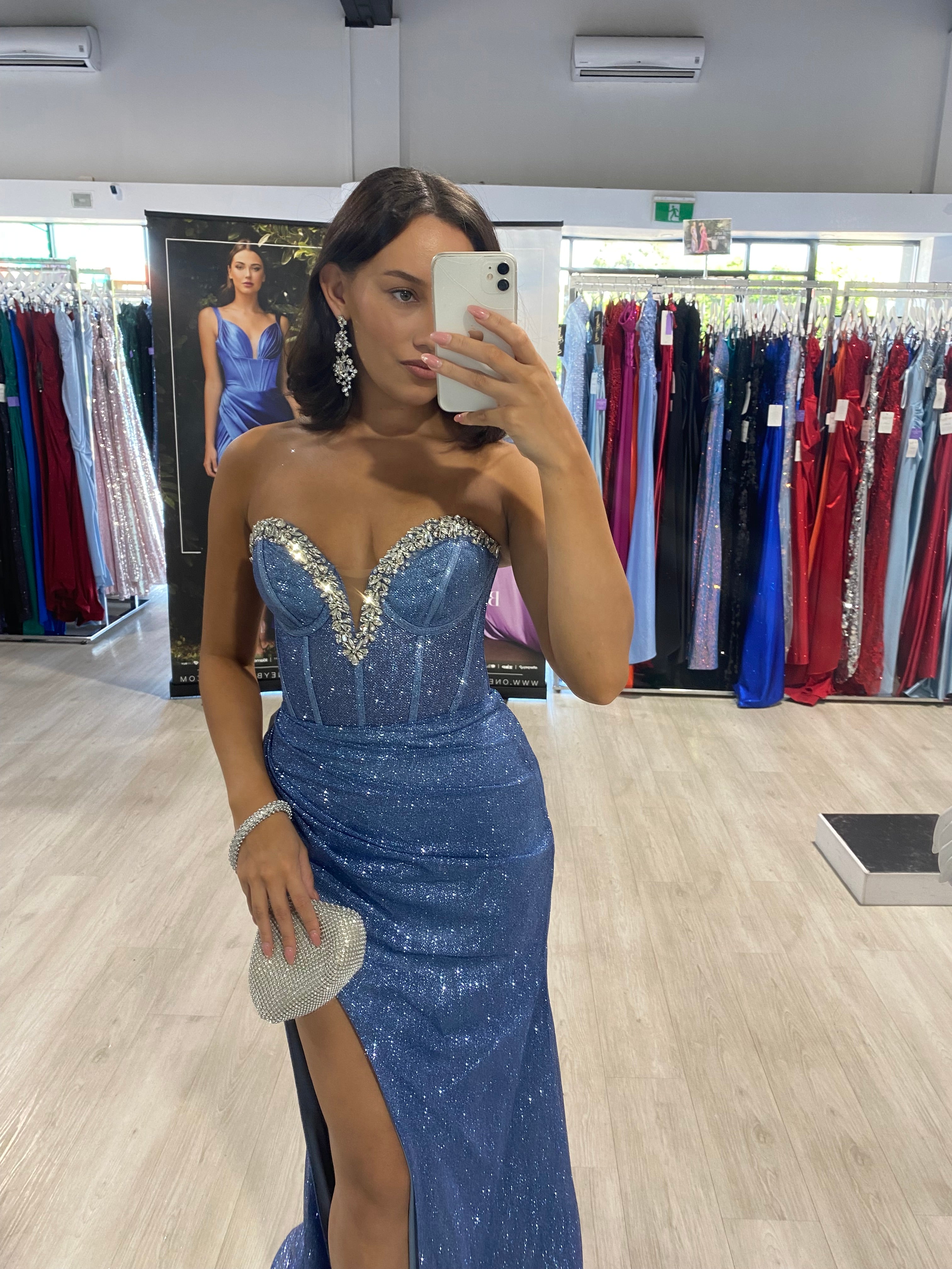 CHANTEL Glitter Crystal Bustier Corset Prom Dress with silver sweetheart neckline, dazzling blue fabric, Brisbane to Gold Coast