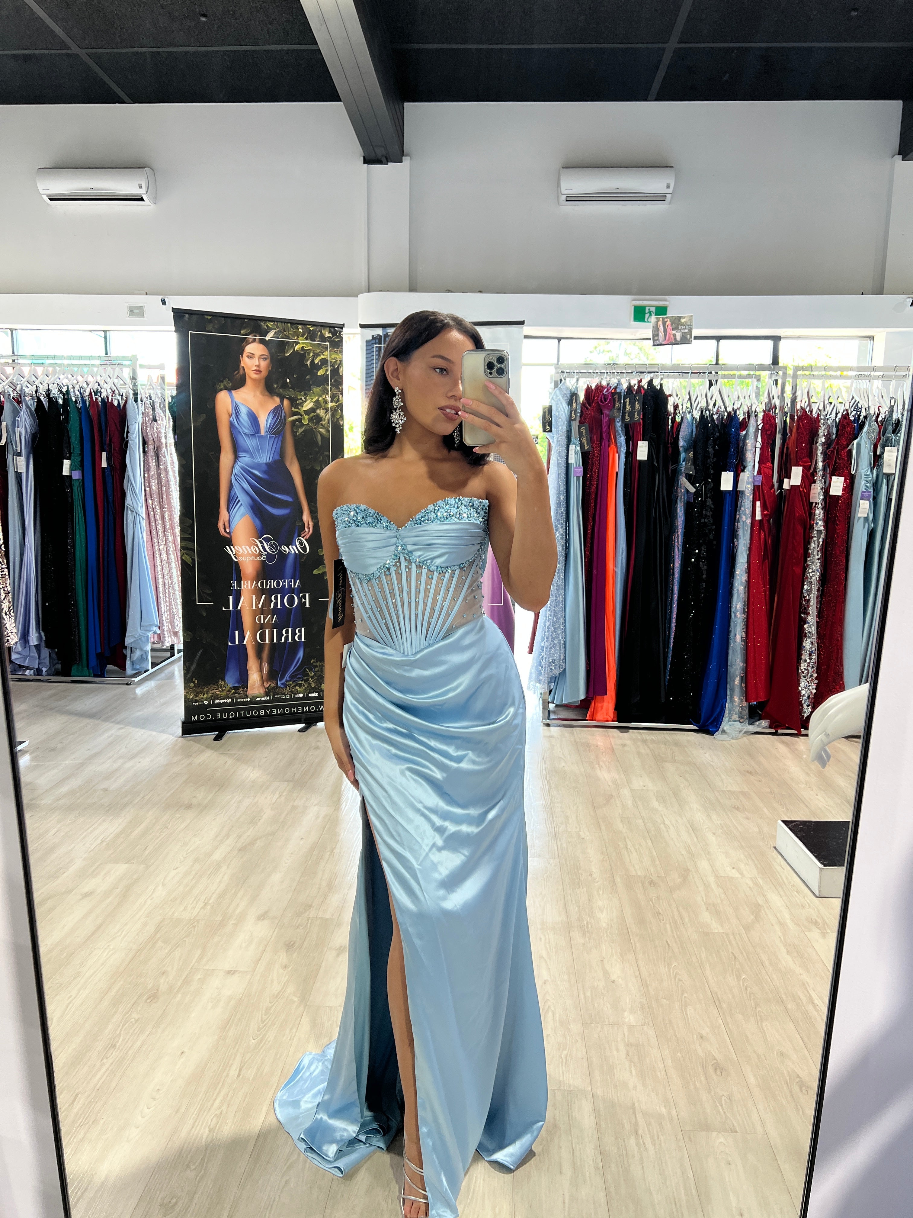 ALIX strapless satin dress with diamanté corset detail; elegant evening wear for formal occasions. Brisbane to Gold Coast.