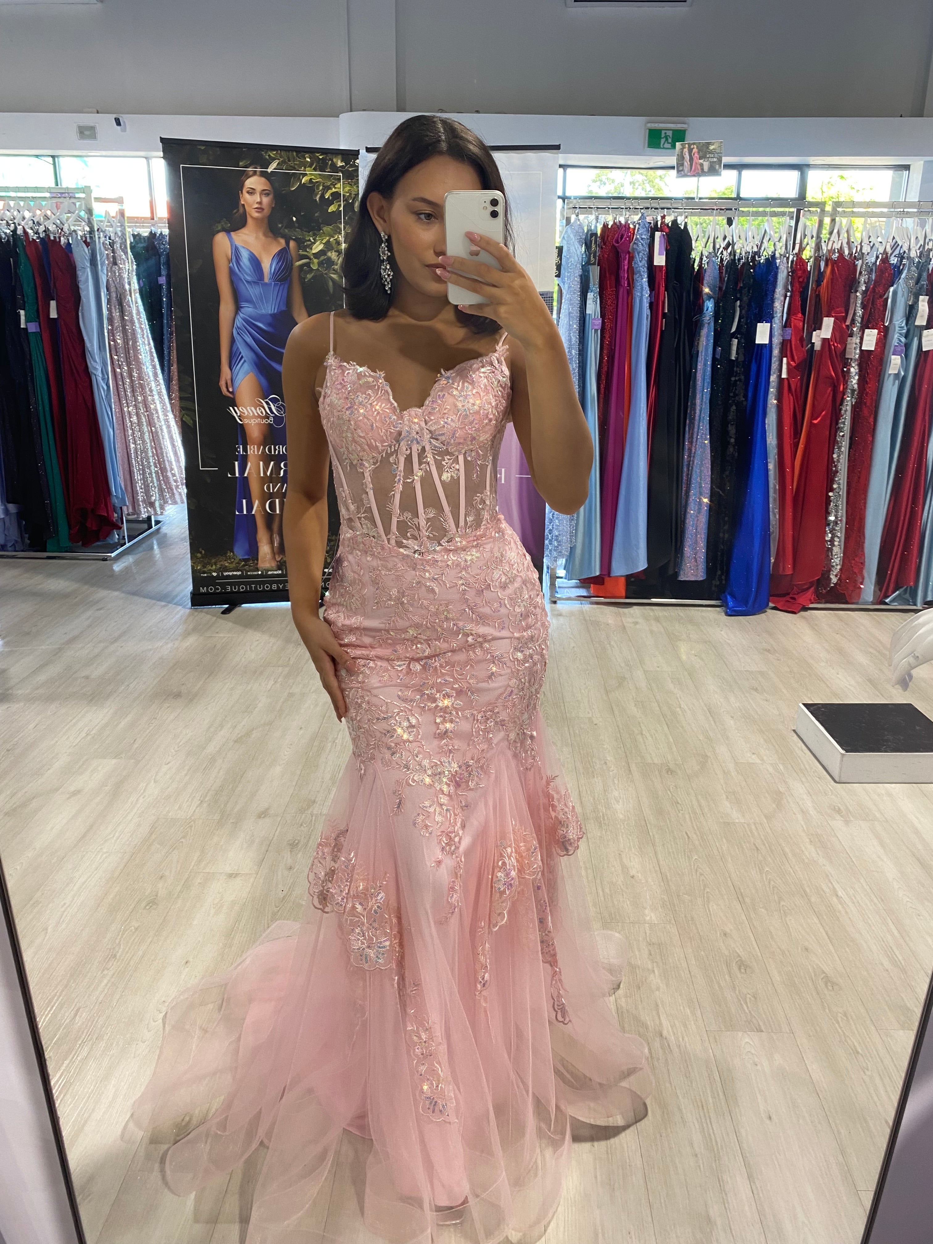 Honey Couture WISTARI Baby Pink Applique Detail Corset Bustier Mermaid Formal Dress