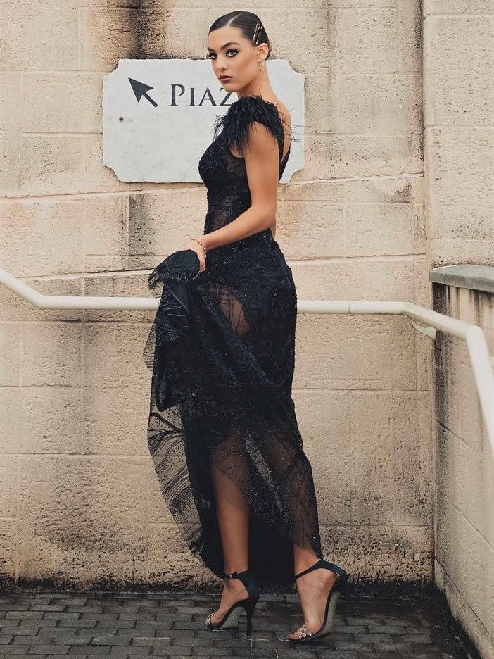 PORTIA & SCARLETT FUFU Black Feather evening gown with beaded mesh panel, worn by model. Fashion shoot. Brisbane to Gold Coast, Australia.