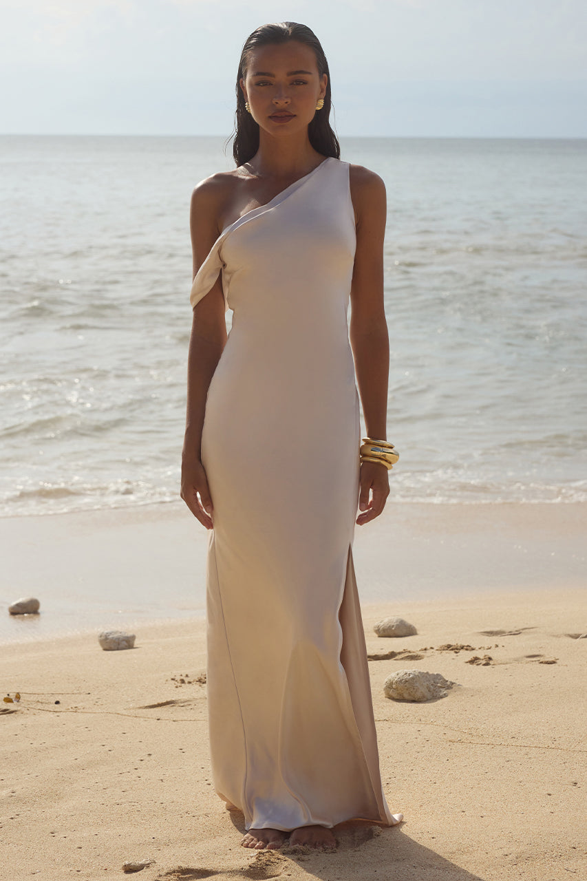 RUNAWAY THE LABEL GIA Bridesmaids Maxi Dress with asymmetrical neckline, thigh-high slit; semi formal dress from Brisbane to Gold Coast.