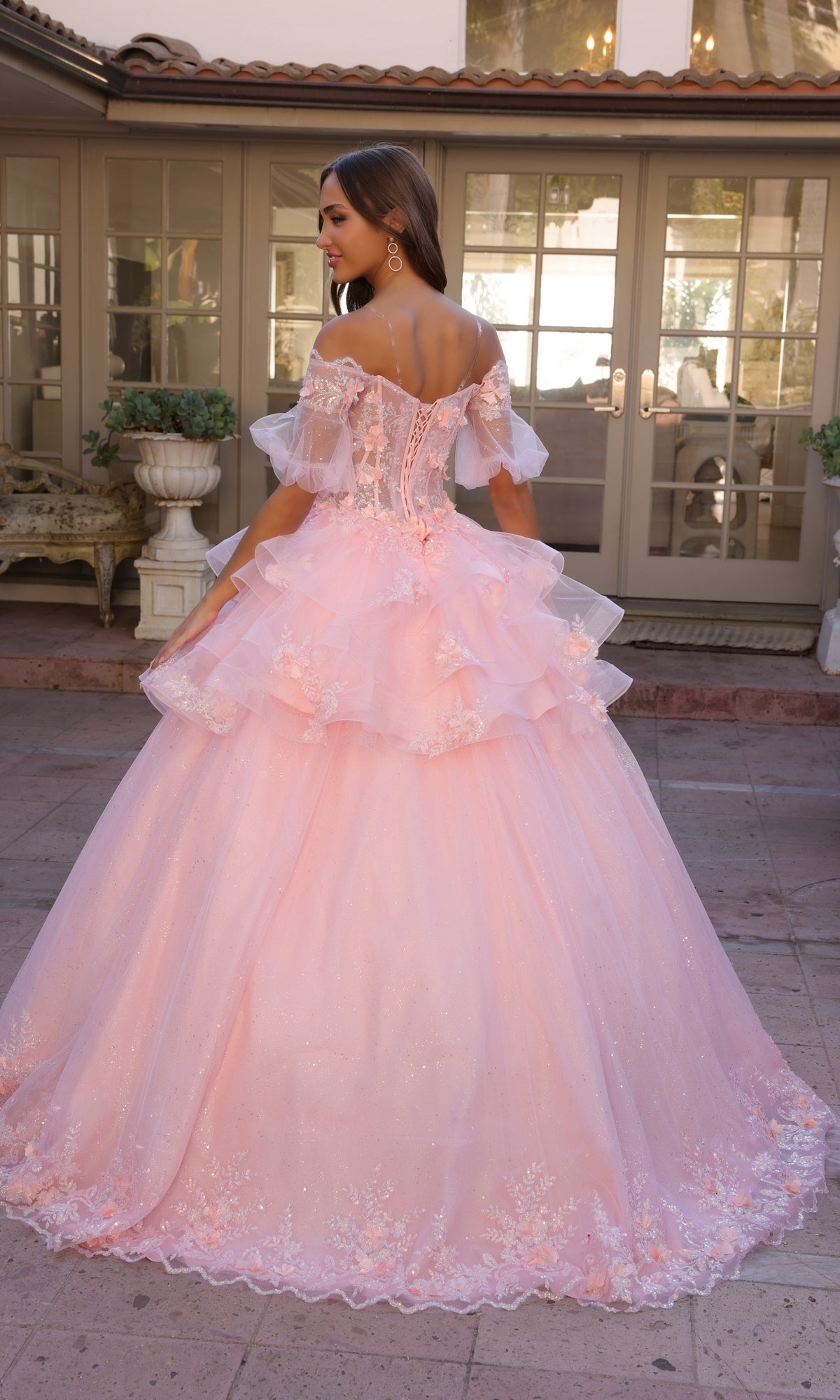 AURIELIE 3D floral convertible gown with tiered ruffles, perfect for prom or quinceañera. Stunning ball gown style. Brisbane to Gold Coast, Australia.
