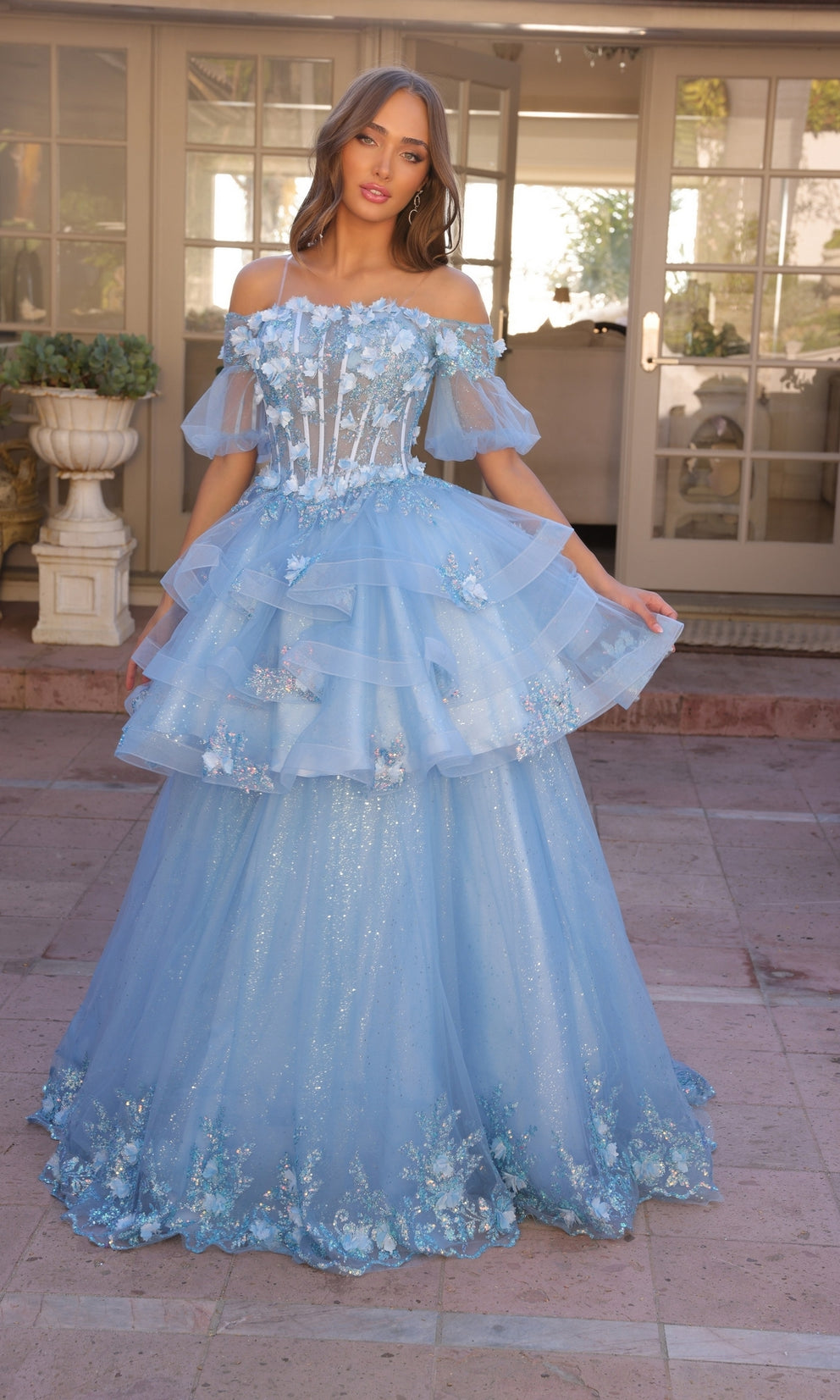 AURIELIE Baby Blue 3D Floral Convertible Tulle Layered Oversize Ball Gown School Formal & Prom Dress
