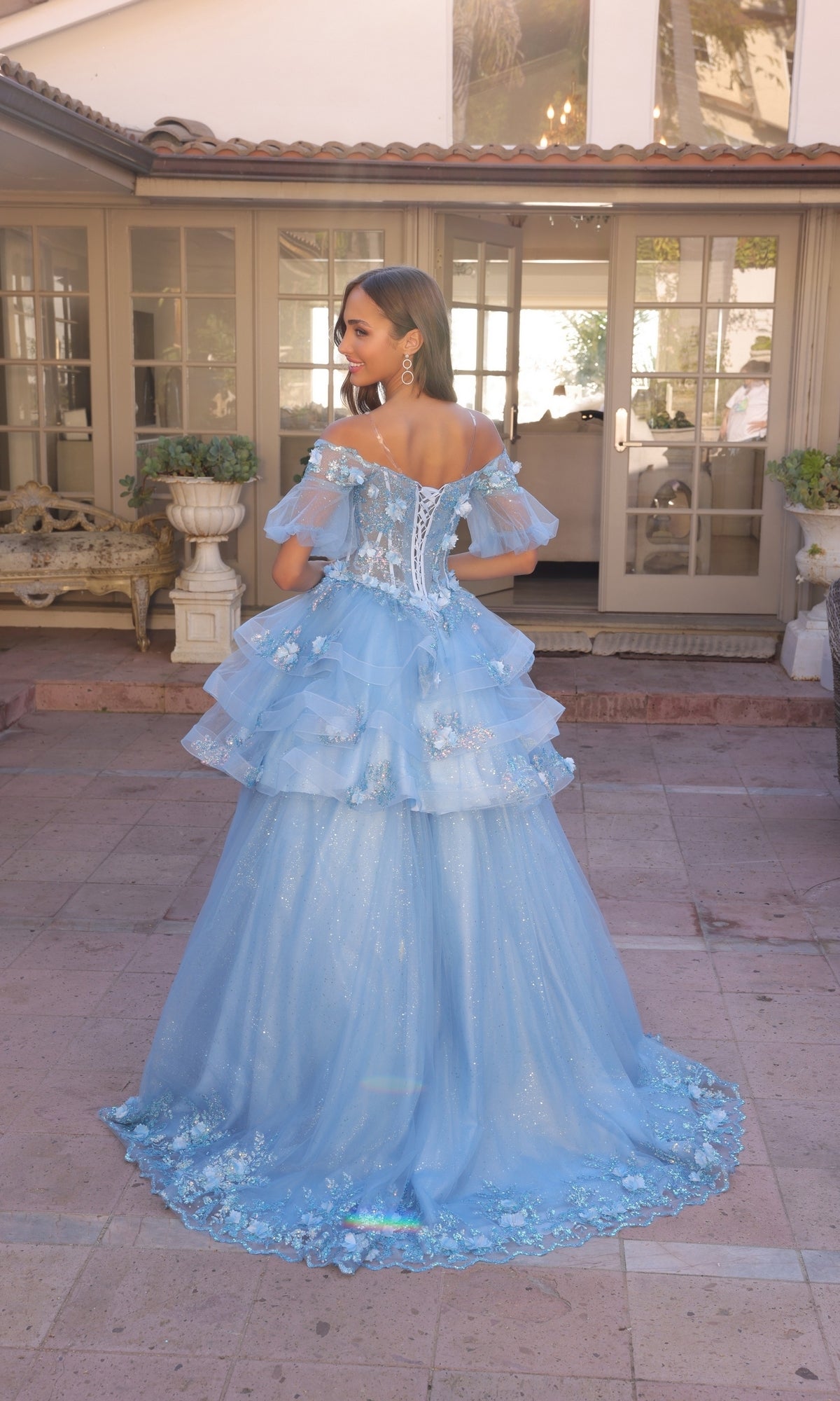 AURIELIE 3D Floral Convertible Tulle Oversize Ball Gown with tiered ruffles, off-the-shoulder design. Prom dress Brisbane to Gold Coast.
