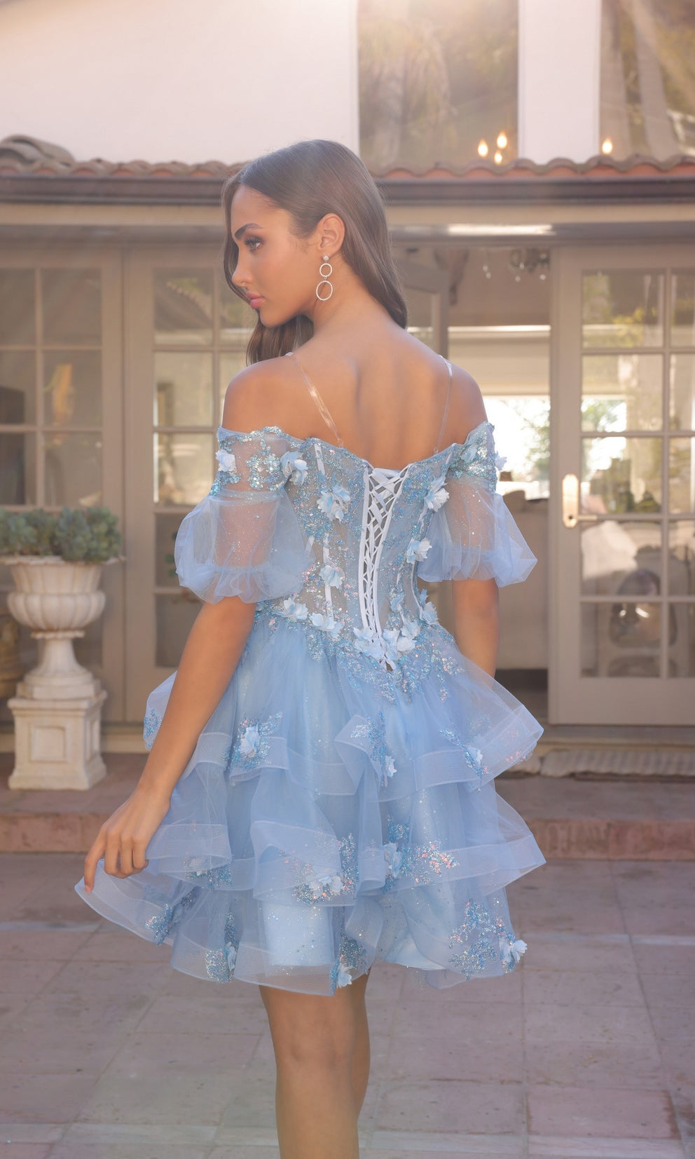 AURIELIE off-the-shoulder blue layered prom dress with floral details, short tulle gown, Brisbane to Gold Coast, Australia