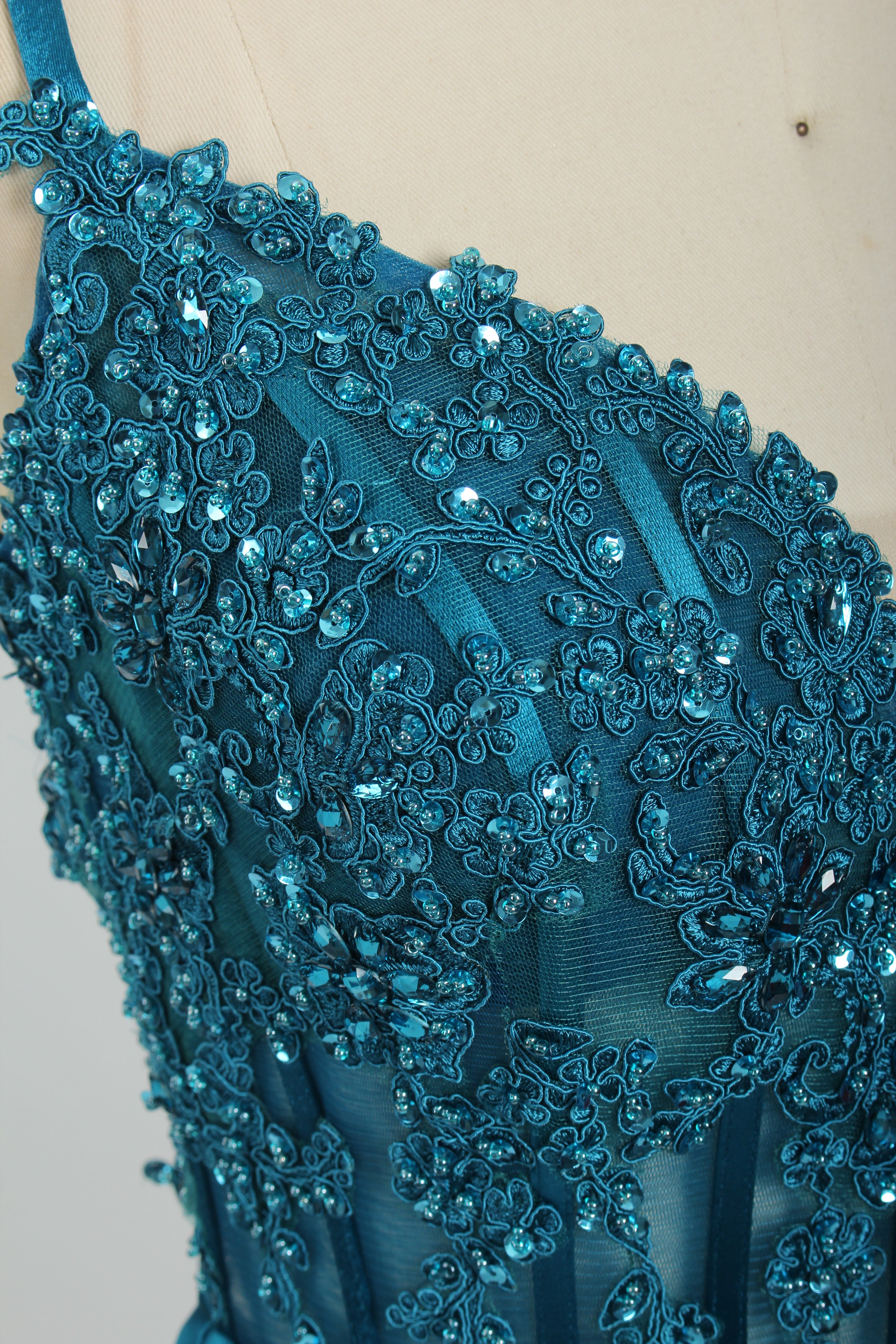 Honey Couture ALORA Turquoise Embellished Bustier Corset Satin Mermaid Formal Dress