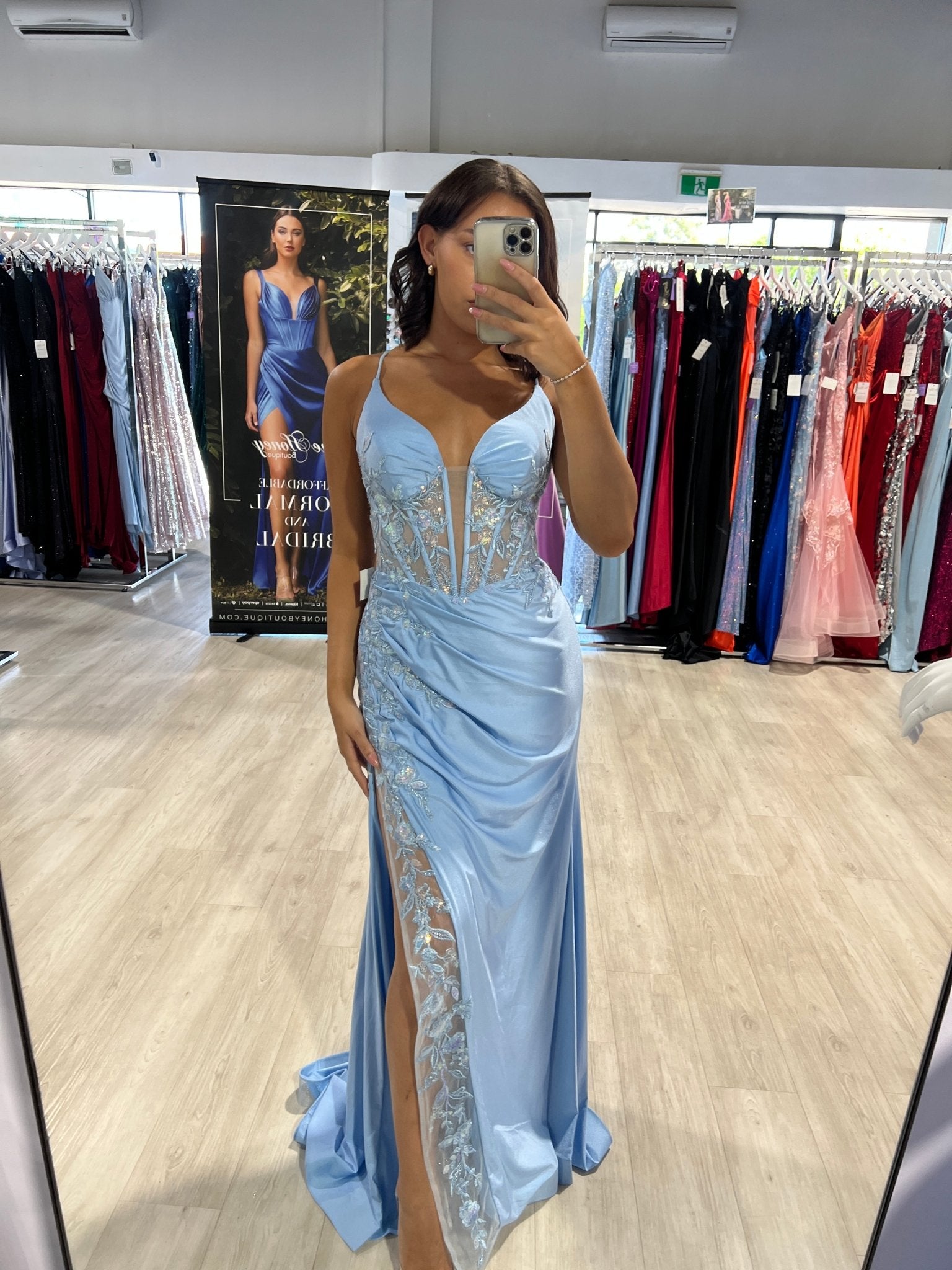 Honey Couture ARIA Baby Blue Lace Insert Corset Back Formal Dress in Australia | One Honey Boutique