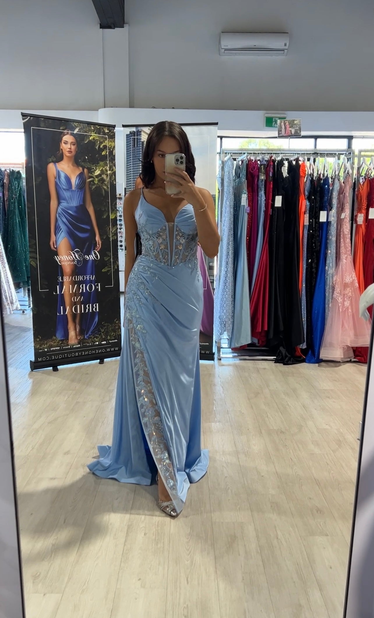 Woman wearing Honey Couture ARIA Baby Blue Lace Insert Corset Back Formal Dress, Australian Designer, Evening Gown, Prom Dress.