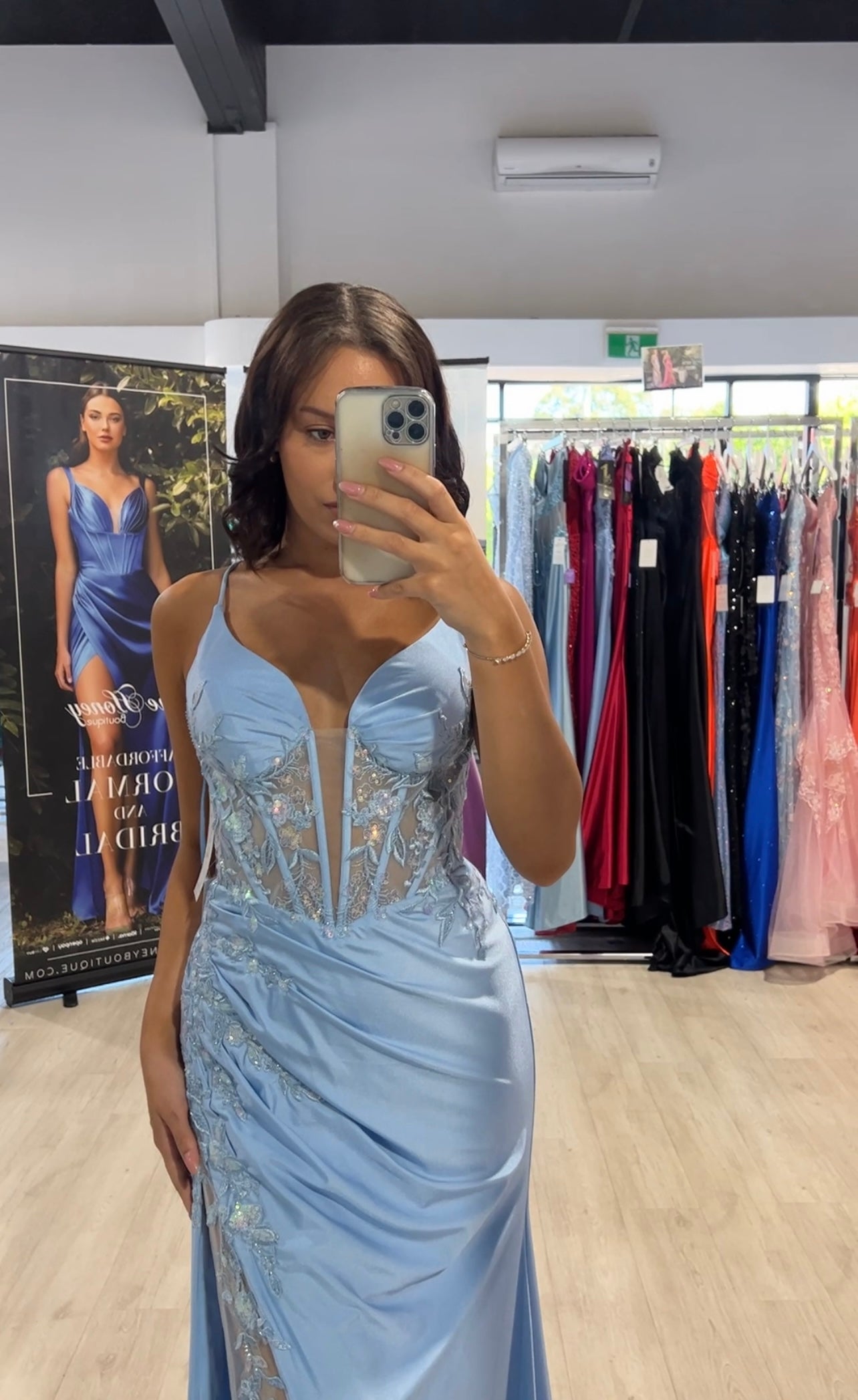 Honey Couture ARIA Baby Blue Lace Corset Back Formal Dress in boutique, featuring silky fabric and lace insert. Australian Designer, Evening Gowns.