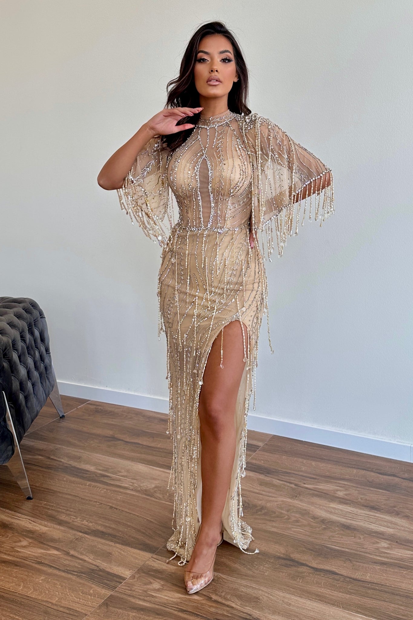 MINNA Fashion NARA Nude Crystal and Beaded Cut Out Detail Mermaid Form MINNA Fashion NARA Nude Crystal and Beaded Cut Out Detail Mermaid Form