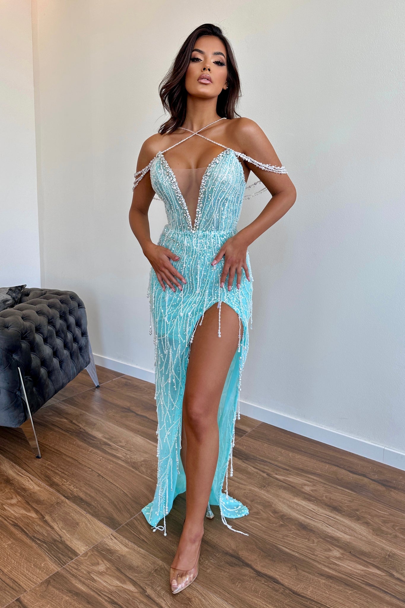 MINNA Fashion ELODIE Blue Crystal Mermaid Dress with beaded detailing and off the shoulder design, ideal for evening events. Brisbane to Gold Coast.