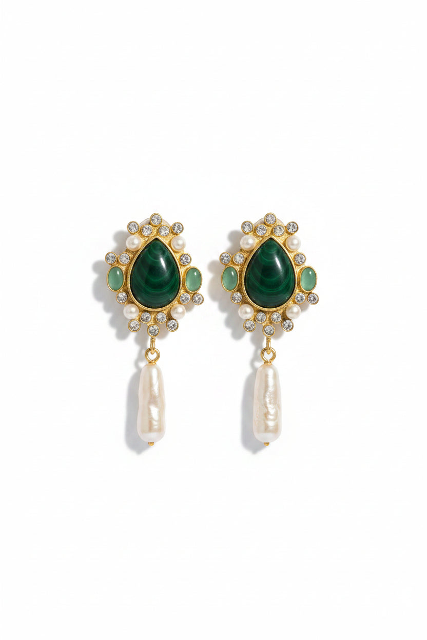 Honey Couture FLORENCE Vintage Green Cabochon Pearl Statement Earrings