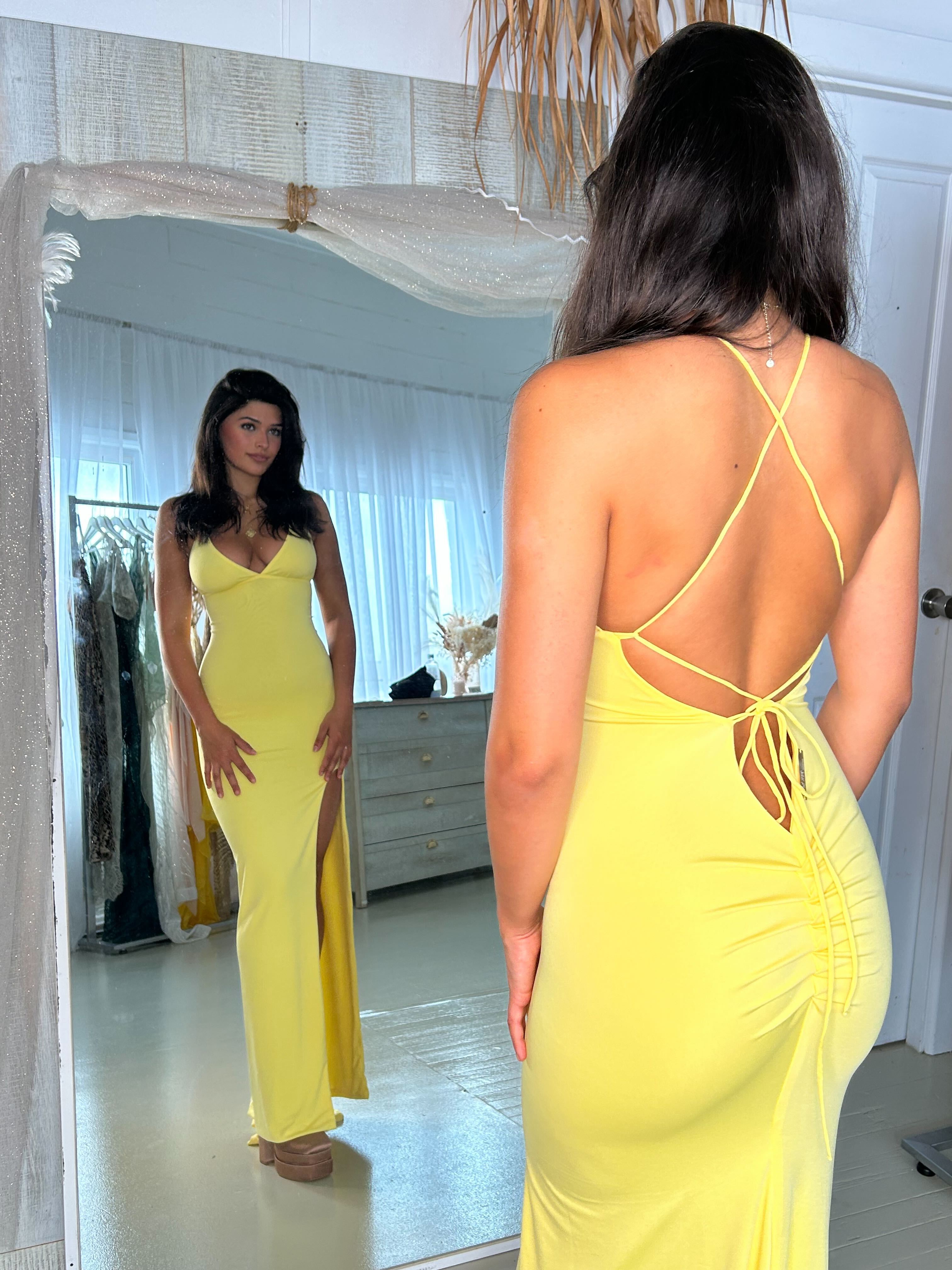 Amy Taylor KORISSA Yellow Slinky Corset Lace Up Back Mermaid Formal Dress