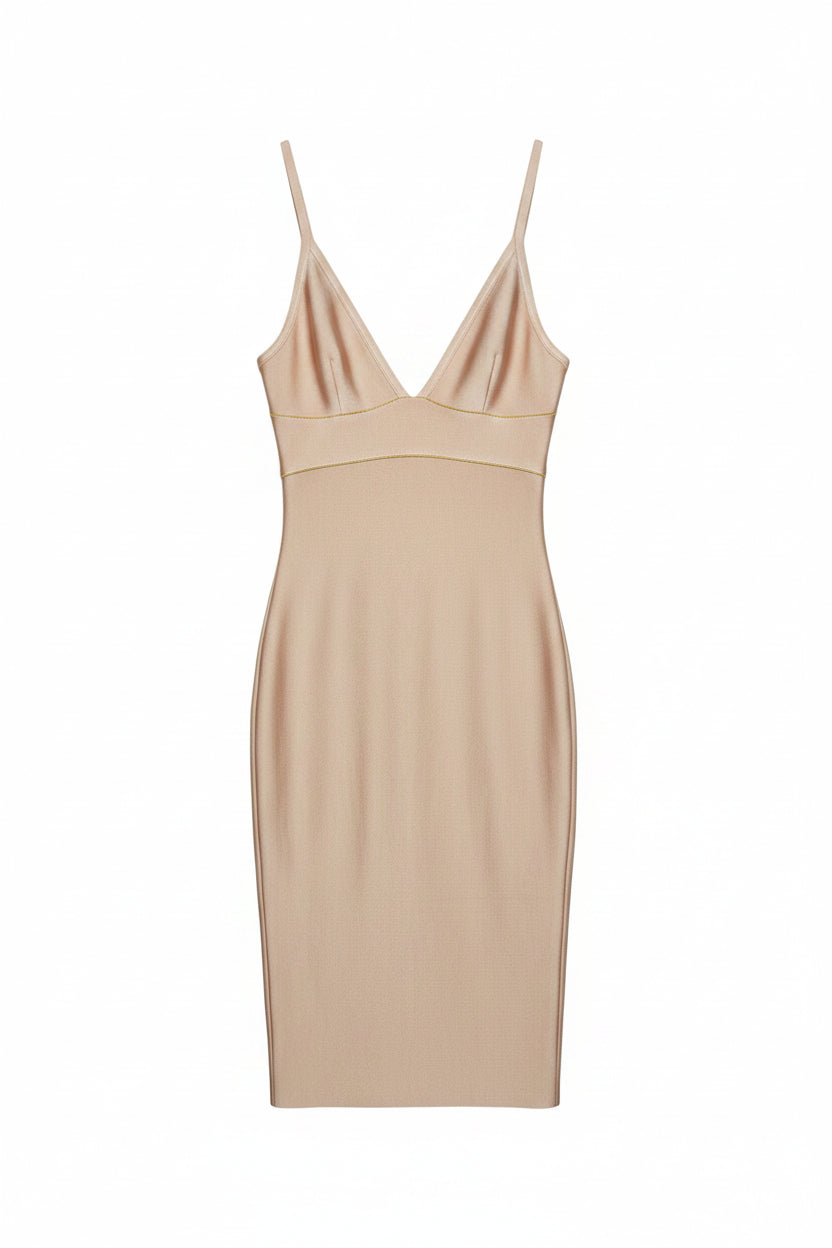 Honey Couture AMELIE Plunge Neck Bandage Midi Dress in Nude