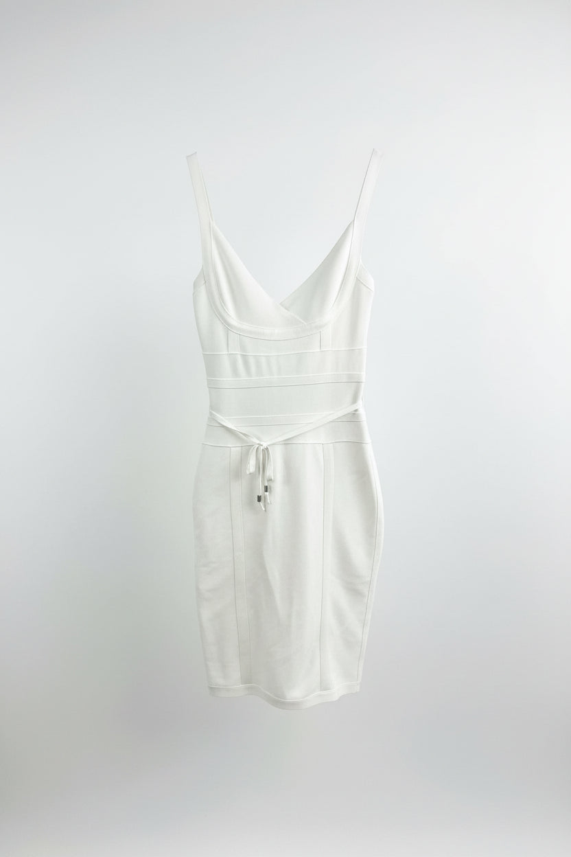 Honey Couture Bianca Ivory Tie Waist Bandage Midi Dress