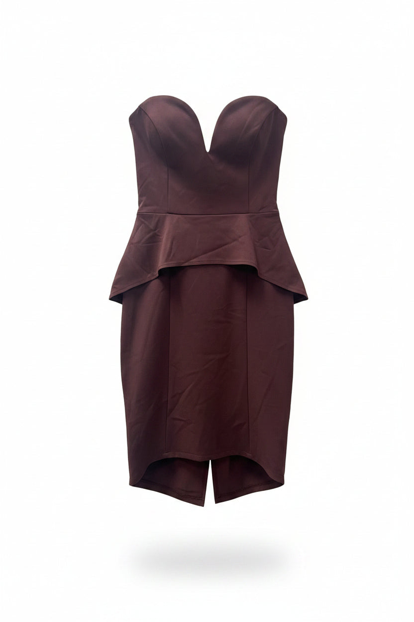 Honey Couture Vienna Mocha Strapless Peplum Midi Dress