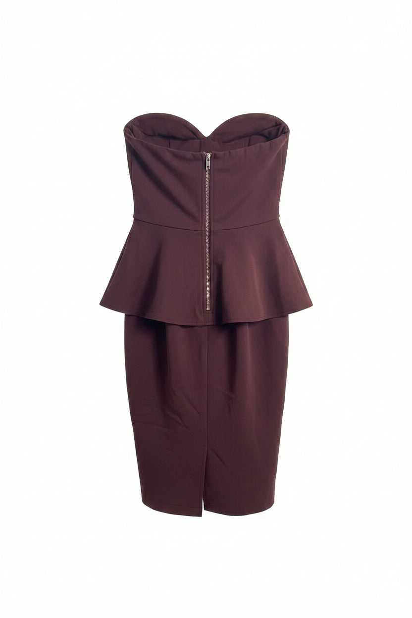 Honey Couture Vienna Mocha Strapless Peplum Midi Dress