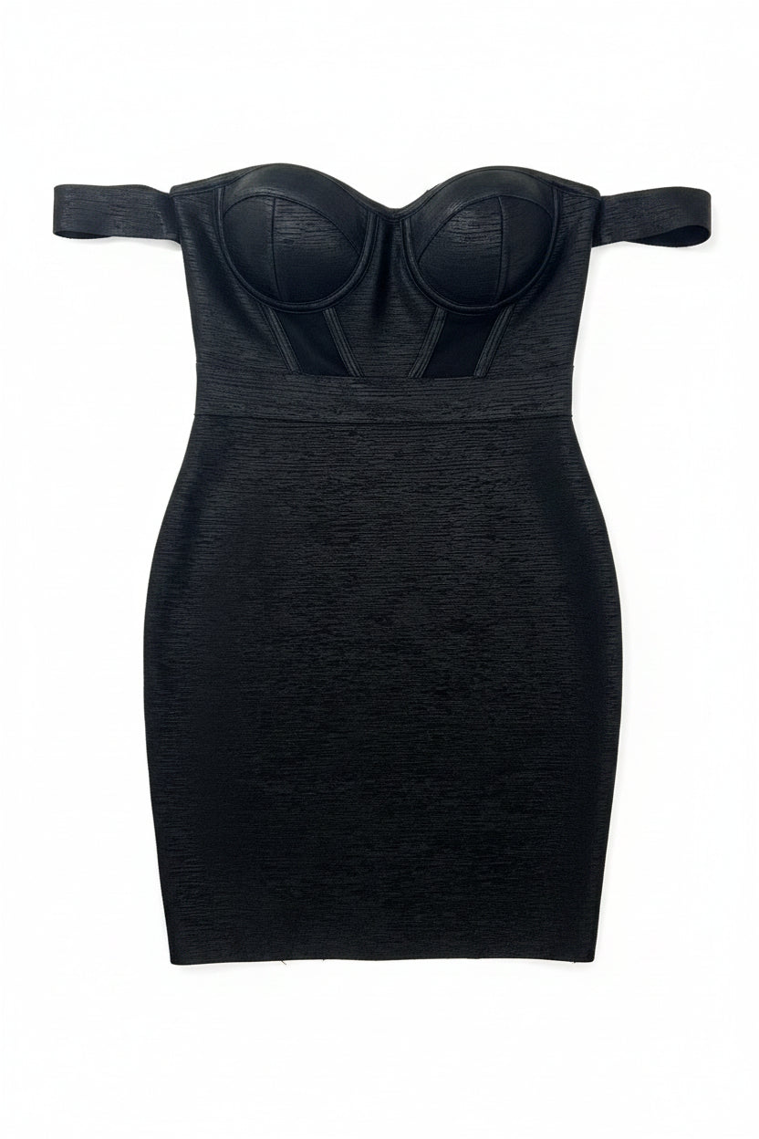Honey Couture Valentina Off Shoulder Bustier Bandage Mini Dress in Black