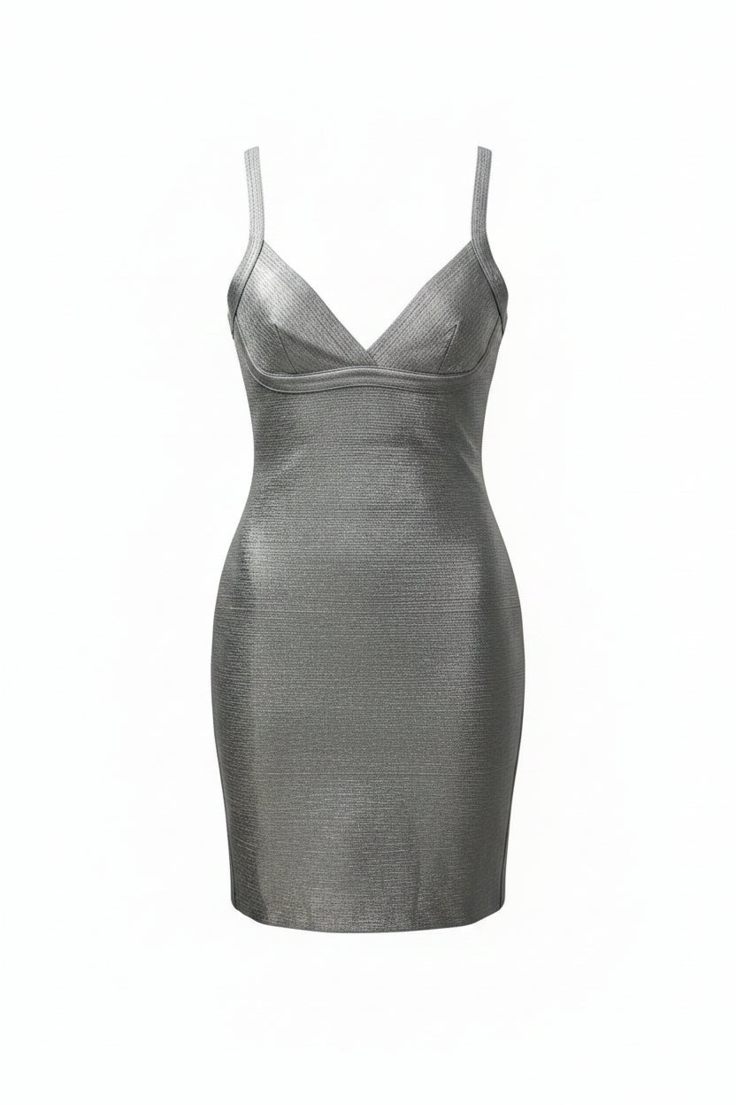 Honey Couture Celeste Metallic Silver Plunge Bandage Mini Dress